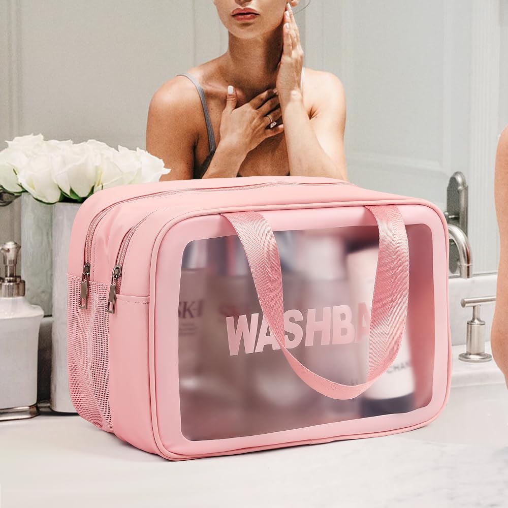 PVC Waterproof Cosmetic Bag Set - Large Clear Travel Toiletry Organizer with Thickened Plastic, Transparent Makeup Tote Bags for Cosmetics, Wash Bag & Travel Essentials - Perfect for Vacation, Gym & Daily Use (Pink, 4-Pack)