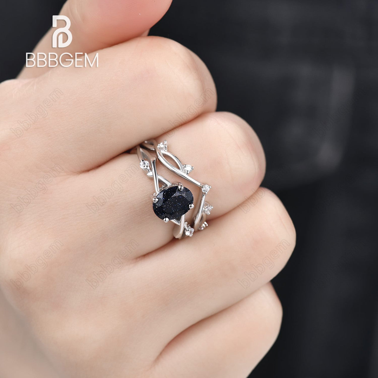 Oval Blue Sandstone Engagement Ring Set - 14K White Gold Solitaire Diamond Ring with Willow Twig Vine Design | Perfect for Proposals, Anniversaries & Wedding Jewelry