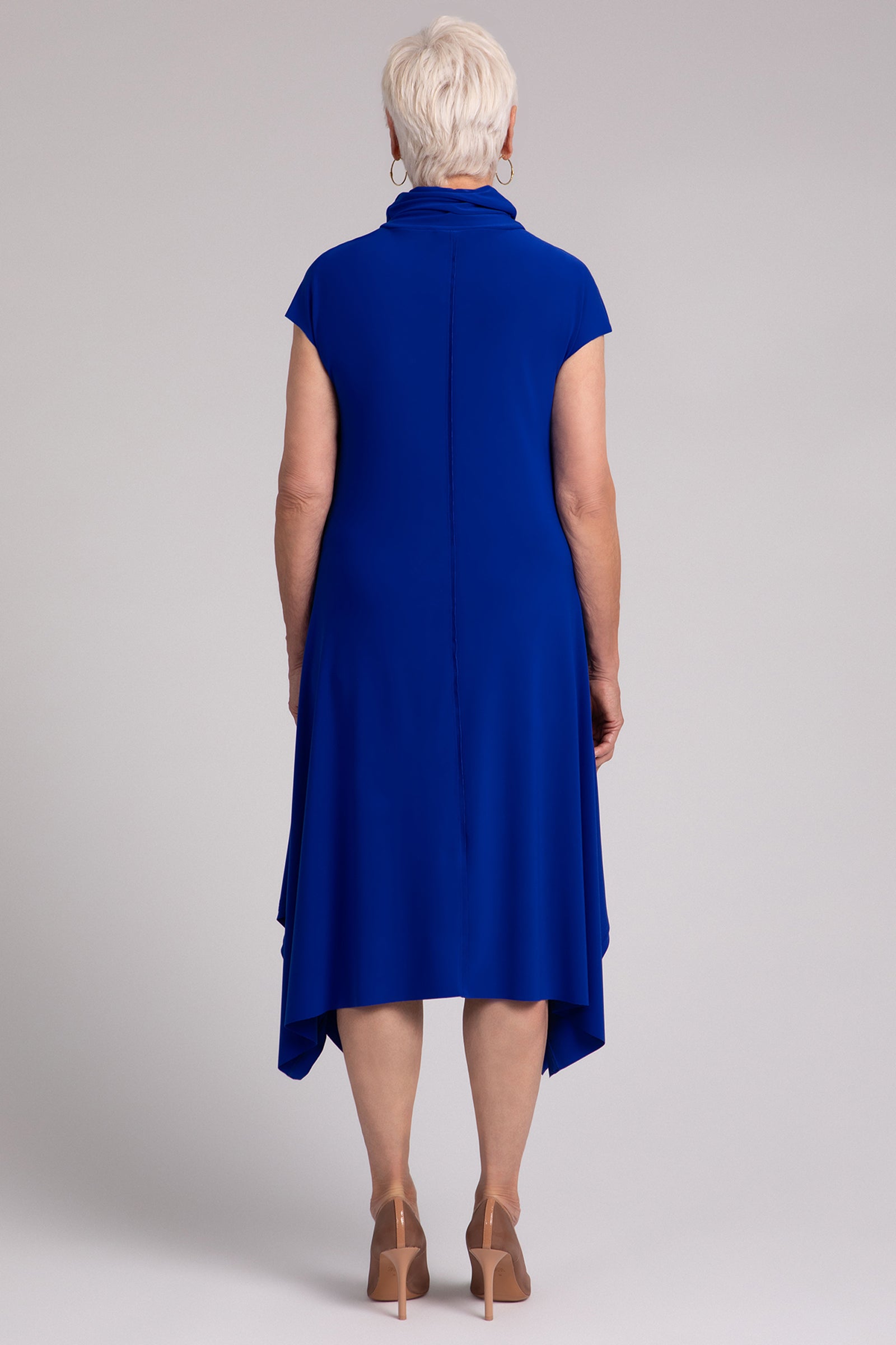 Flounce Funnel Neck Dress for Women - Elegant Lapis Blue Flowy Midi Dress with Ruffle Details | Perfect for Weddings, Parties & Special Occasions