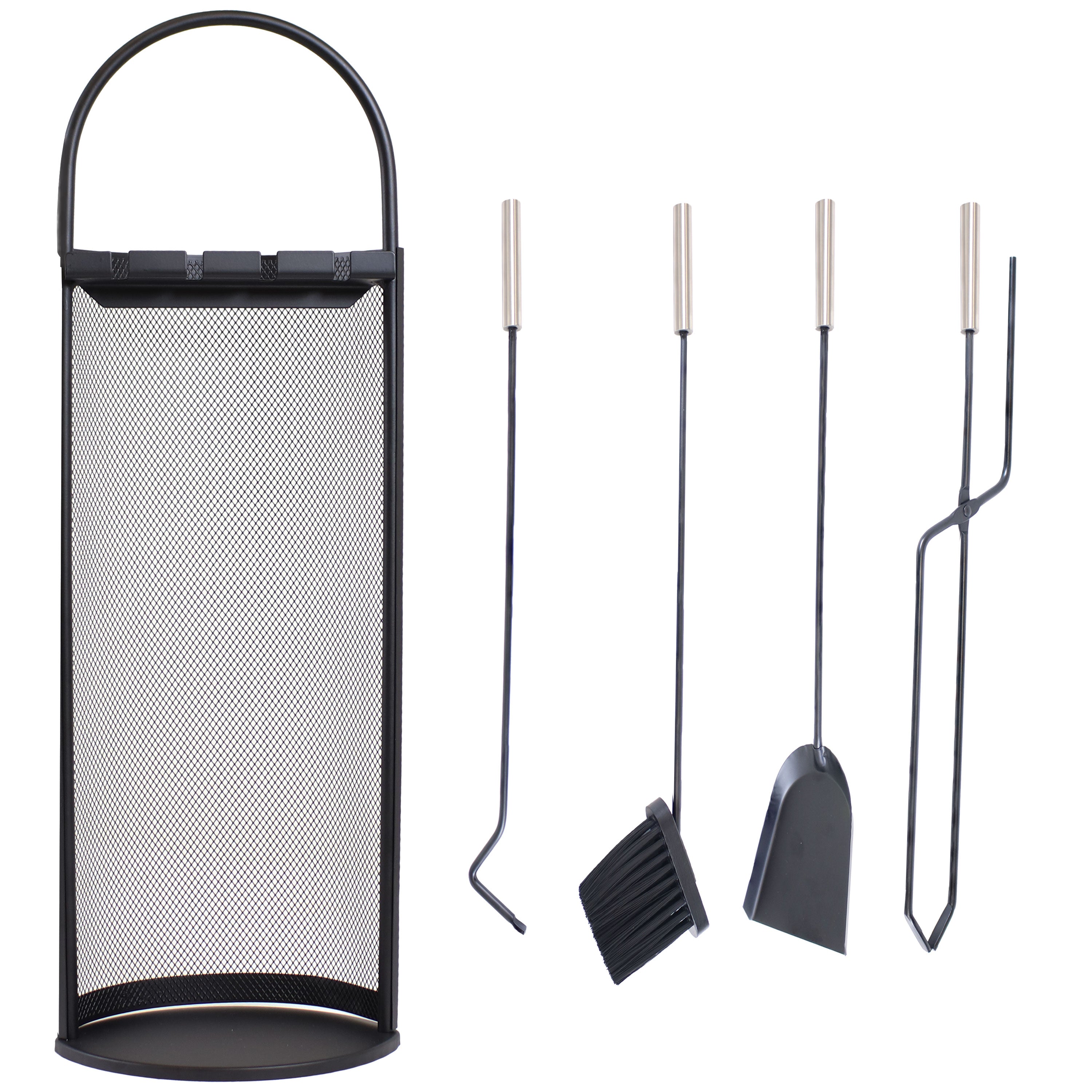 Sunnydaze 4-Piece Fireplace Tool Set with Mesh Shroud Holder - Heavy Duty Fireplace Accessories for Wood Burning Stoves & Fire Pits - Perfect for Indoor & Outdoor Use