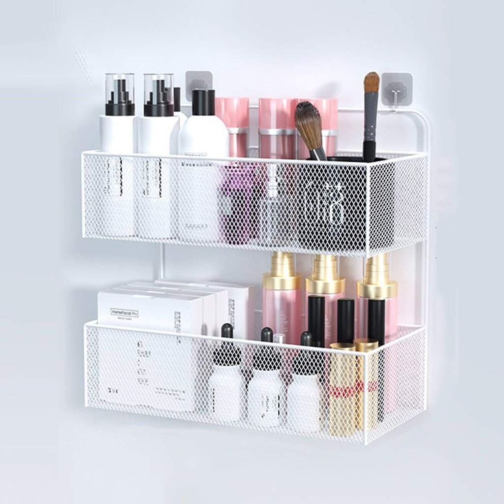 White Makeup Organizer Rack - Wall Mounted Bathroom Storage Shelf for Cosmetics & Toiletries | Iron Art Design | Perfect for Bedroom, Bathroom & Vanity Organization (Free Punching Included)