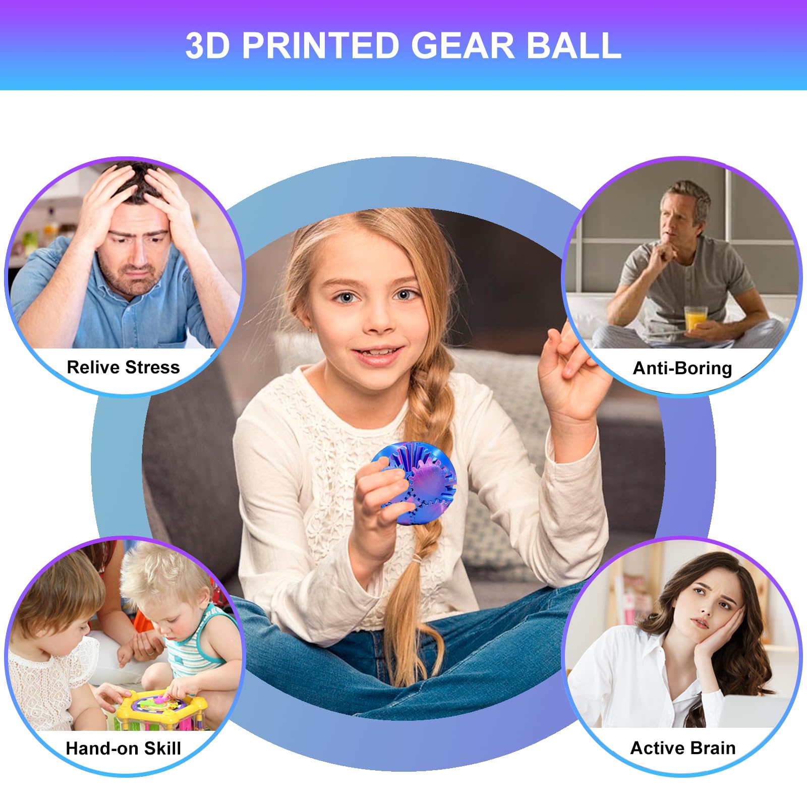 3D Printed Gear Ball Fidget Toy - Stress Relief & Anxiety Reducer, Desk Toy for Focus & Relaxation, Sensory Toy for Autism & ADHD (Laser Red Blue) - Perfect for Office, School & Home Use