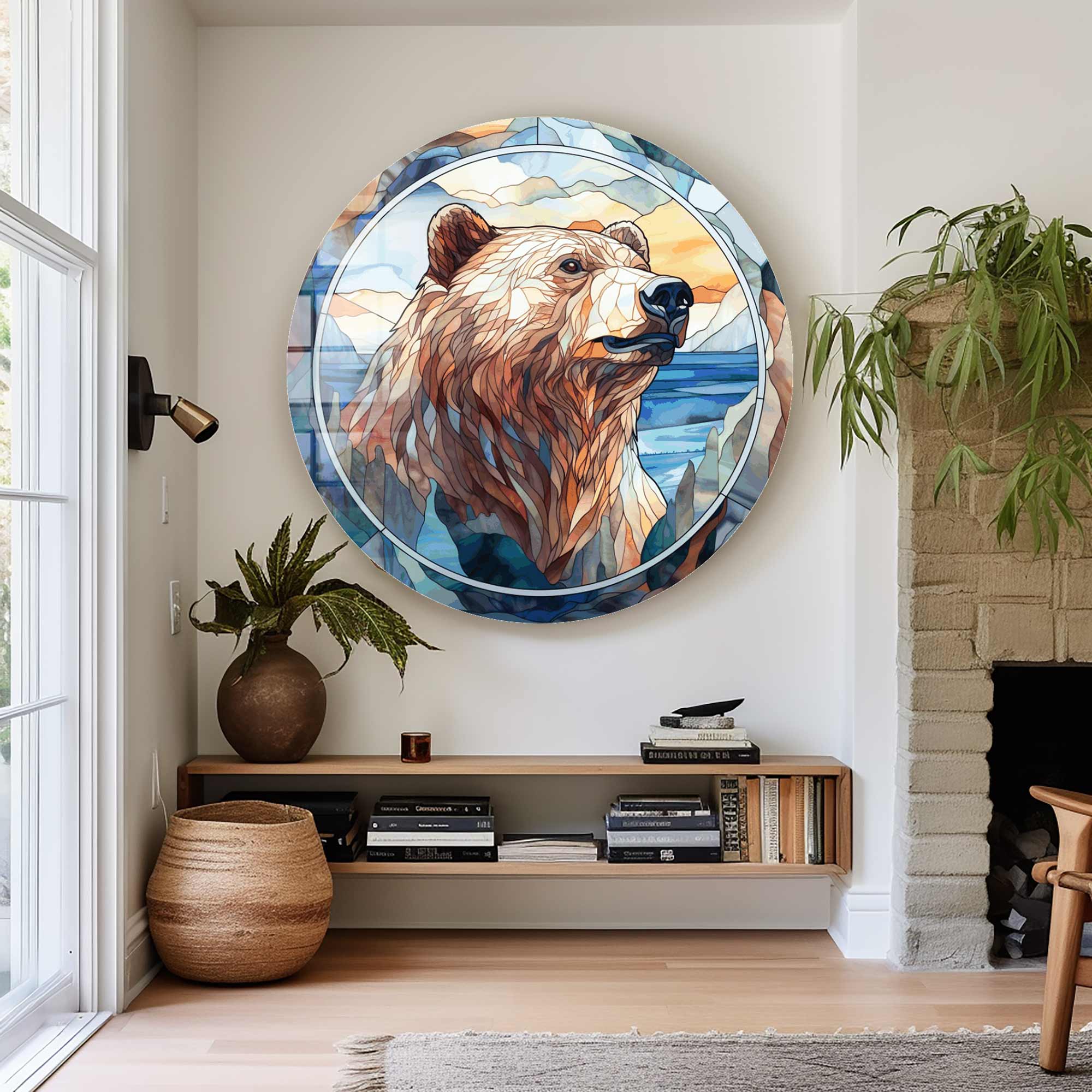 Stained Bear Rounded Glass Wall Art - Handmade Decorative Glass Panel for Living Room, Bedroom & Office Decor
