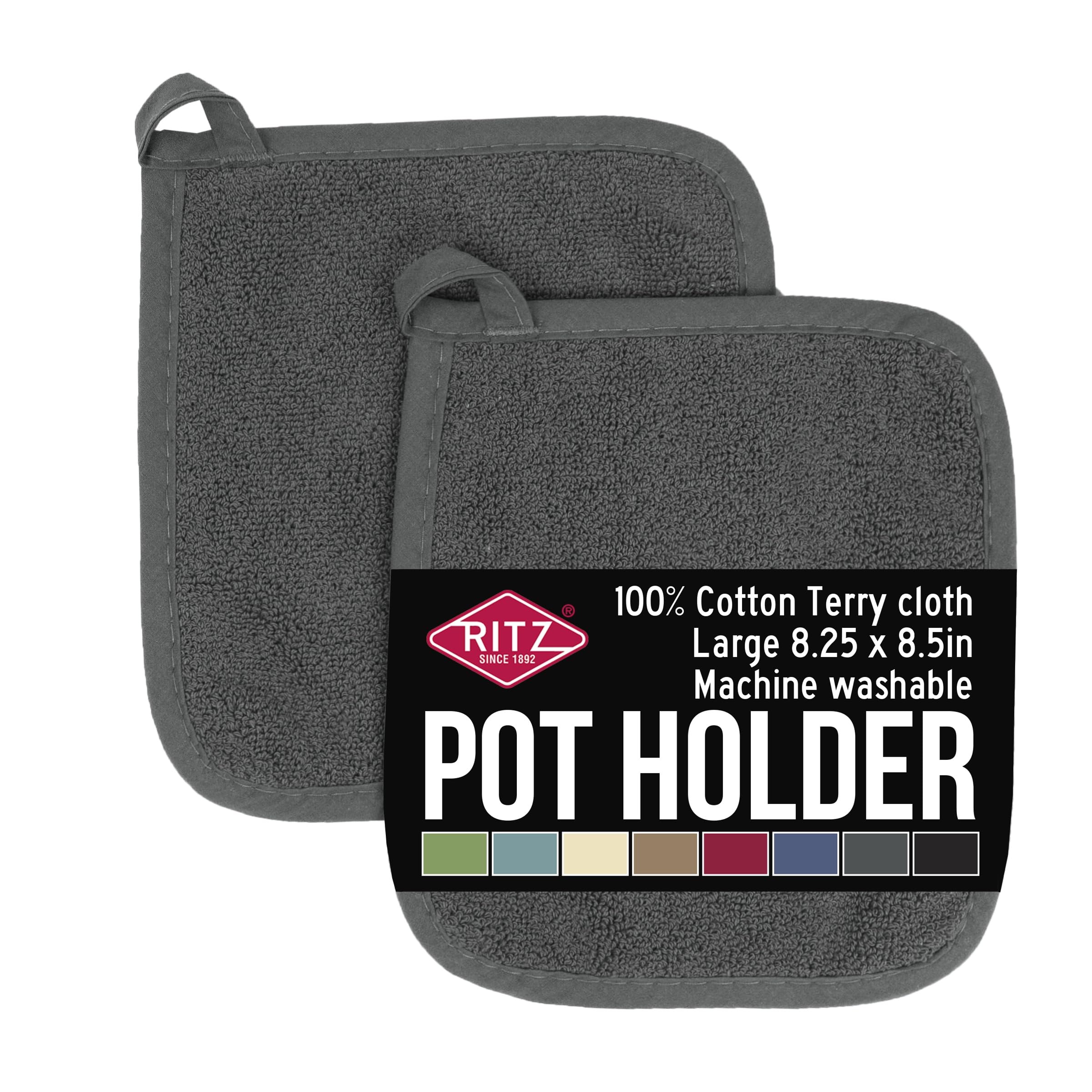 Ritz Terry 100% Cotton Potholders Set of 2 - Heat Resistant Kitchen Mitts with Ergonomic Grip, Machine Washable Oven Gloves - Graphite Color for Cooking, Baking & Grilling