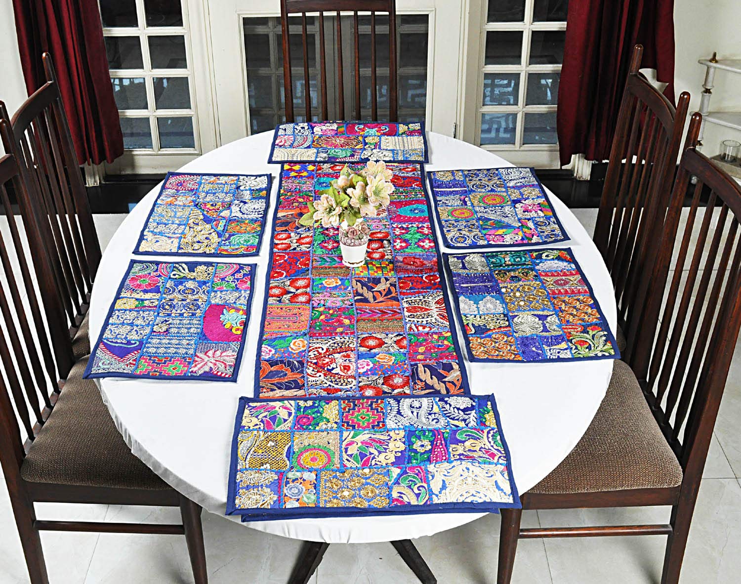 Lalhaveli Cotton Embroidered Table Runner and 6-Piece Placemats Set - Multi-Color Blue Dining Table Decor for Home, Parties & Special Occasions