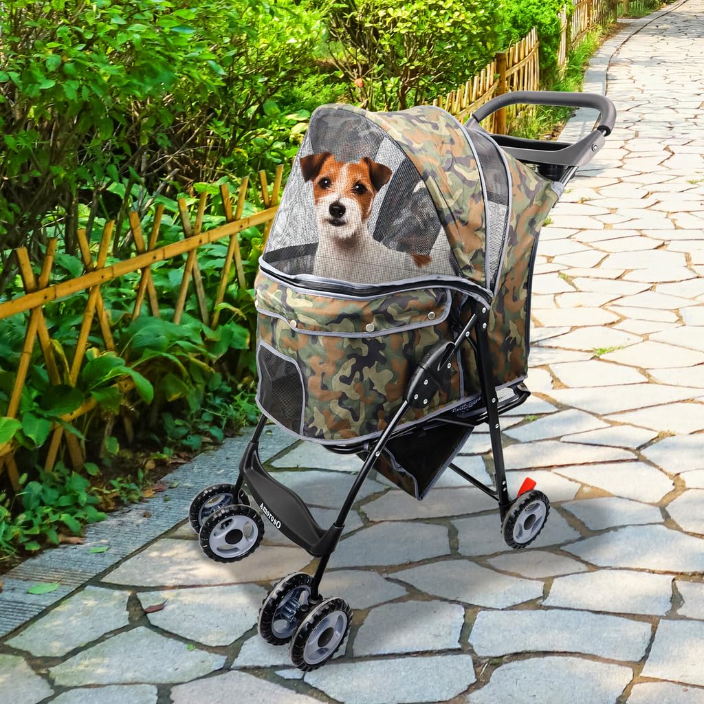 AmorosO 4 Wheel Pet Stroller for Small & Medium Dogs & Cats - Lightweight Foldable Travel Carrier with Waterproof Cover & Storage Basket - Perfect for Jogging, Shopping & Outdoor Adventures