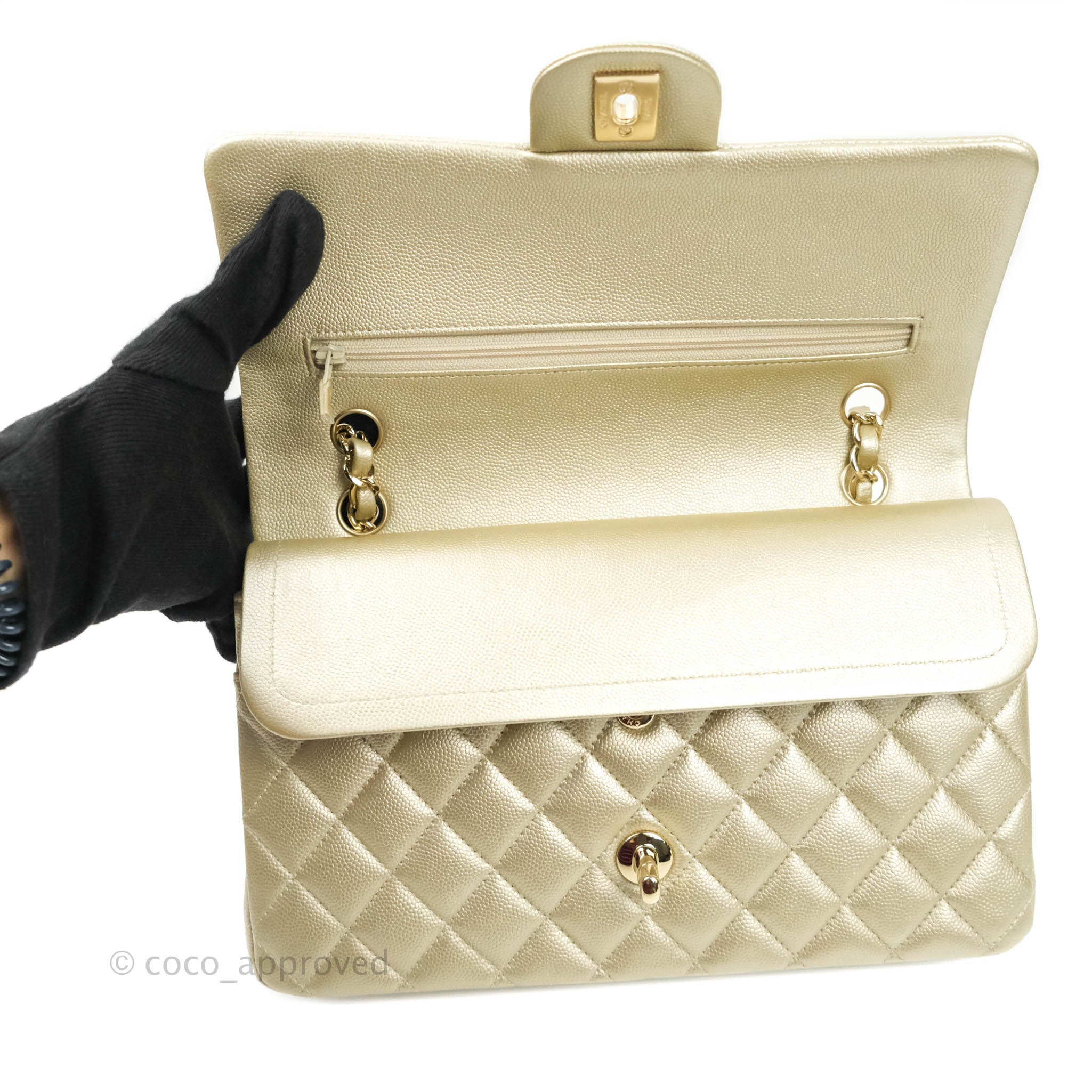 Chanel Classic Medium Double Flap Bag in Light Gold Caviar Leather with Gold Hardware | Luxury Designer Handbag for Women | Perfect for Work, Evening Events & Special Occasions