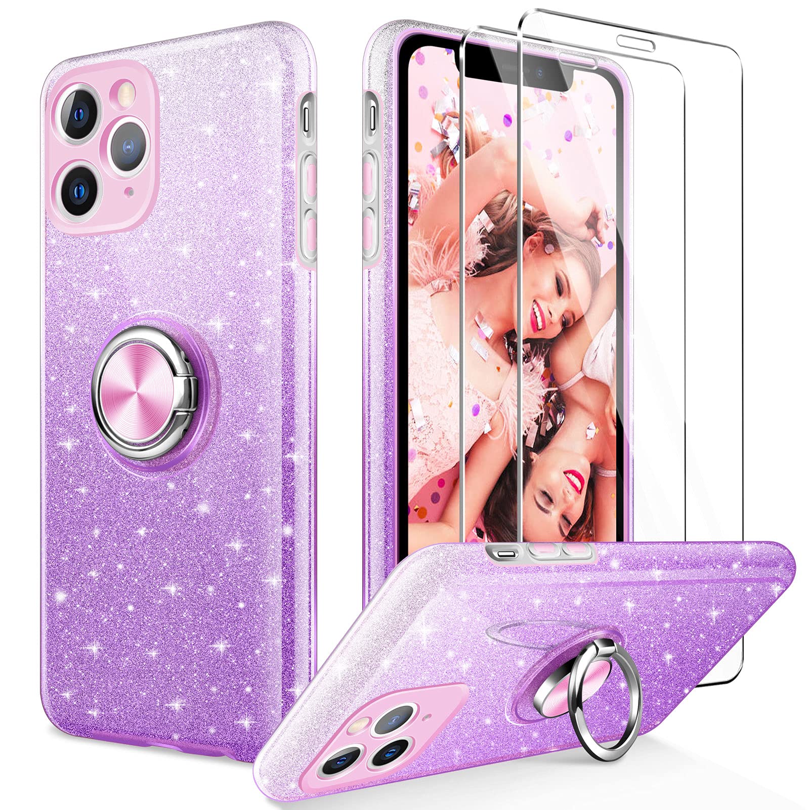 **KSWOUS iPhone 11 Pro Max Case 6.5 Inch with 2 Pack Screen Protector – Sparkly Glitter Shiny Cute Protective Phone Cover for Women & Girls, Shockproof with Kickstand (Purple) – Perfect for Daily Use, Travel, and Gift Giving**