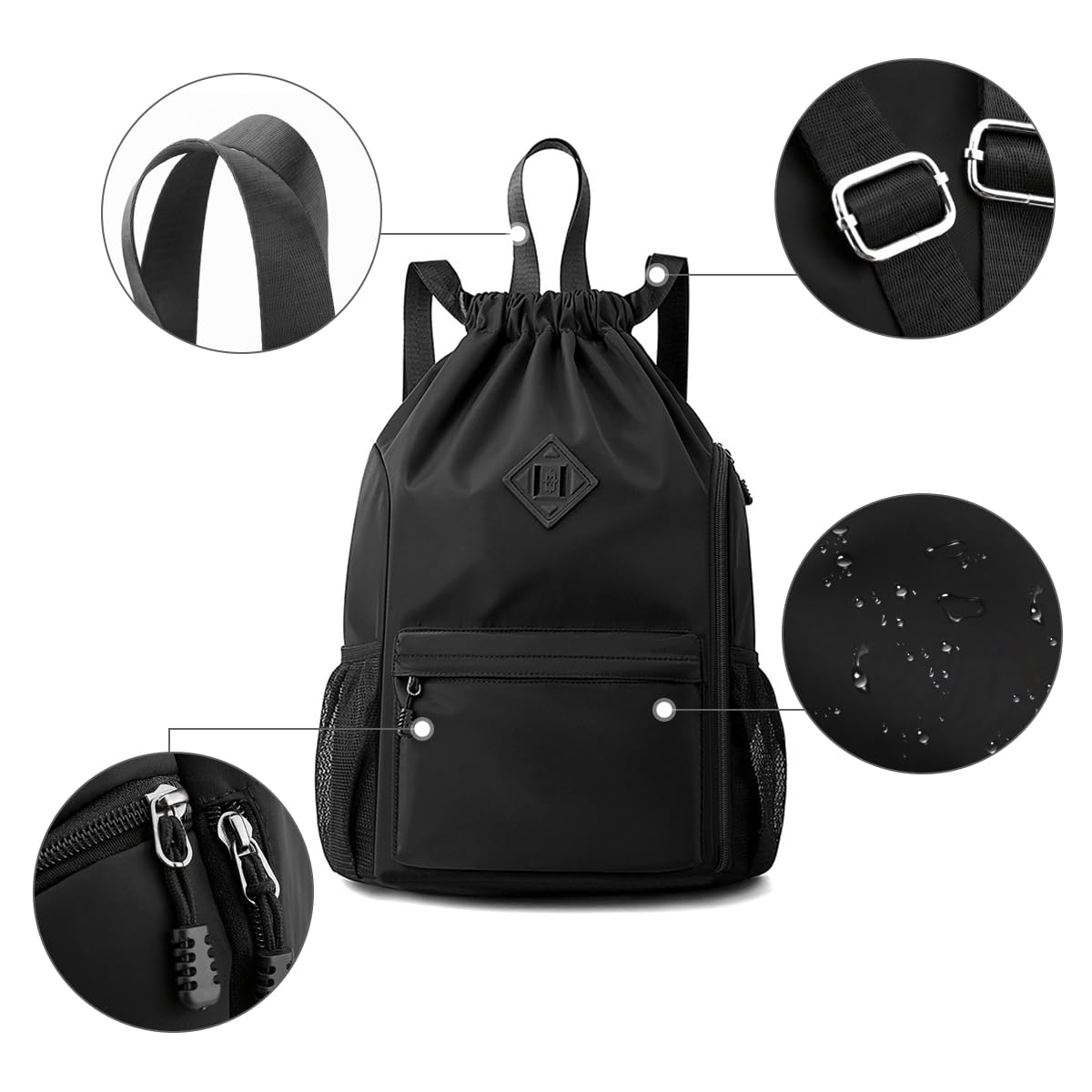 Valleycomfy Waterproof Gym Backpack for Men & Women - Lightweight Sports Bag with Drawstring & Side Pocket - Perfect for Workout, Travel & Outdoor Activities (Black)