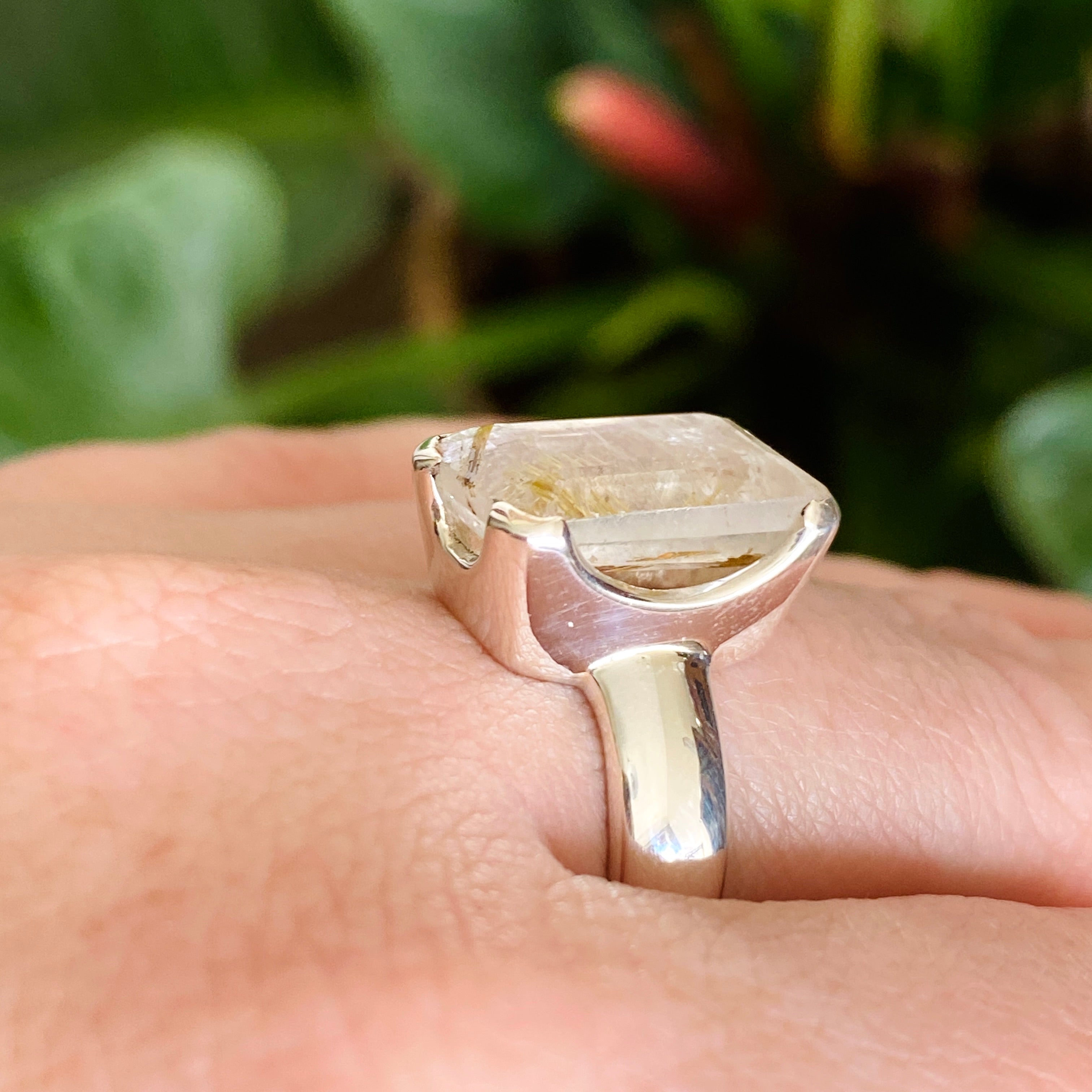 Rutilated Quartz Faceted Rectangular Ring Size 8 - Elegant Gold Jewelry for Women, Perfect for Weddings & Special Occasions