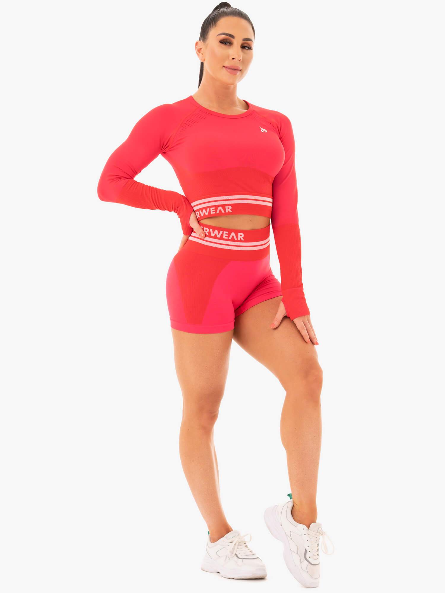 Freestyle Seamless Long Sleeve Crop Top - Red | Women's Workout & Yoga Shirt for Gym & Running | Comfortable Athletic Wear for Fitness & Daily Use