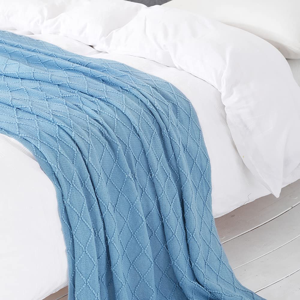 BOURINA Blue Knitted Throw Blanket 50x90 Inches - Ultra Soft Textured Solid Blanket for Sofa, Couch, Bed - Cozy Decorative Cover for Living Room, Bedroom & Travel
