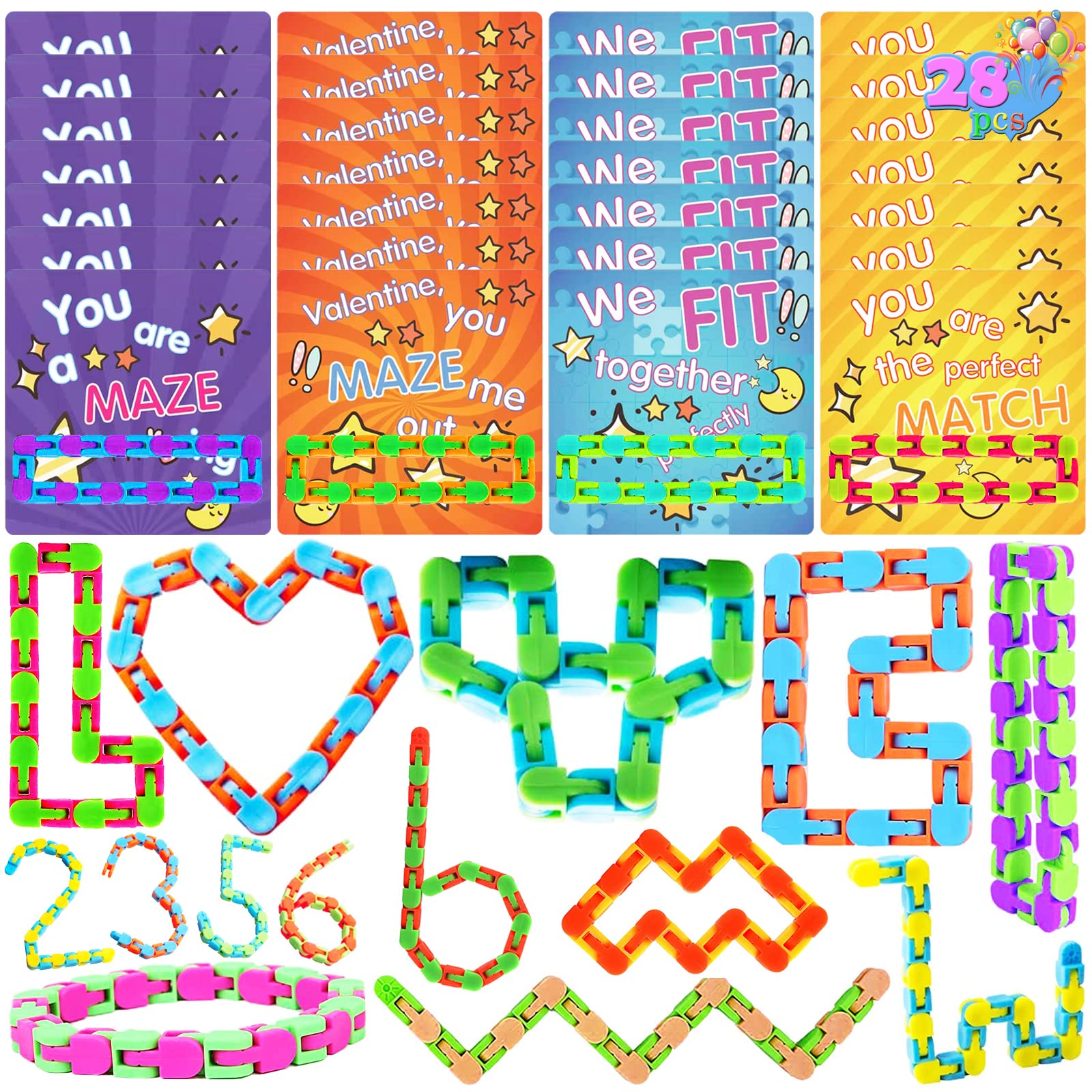 28 Pcs Wacky Tracks Fidget Toys - Snake Puzzle Sensory Toys for Kids, Valentine's Day Classroom Exchange Gifts, Birthday Party Favors - Stress Relief & Focus Aid for School, Travel & Home Use
