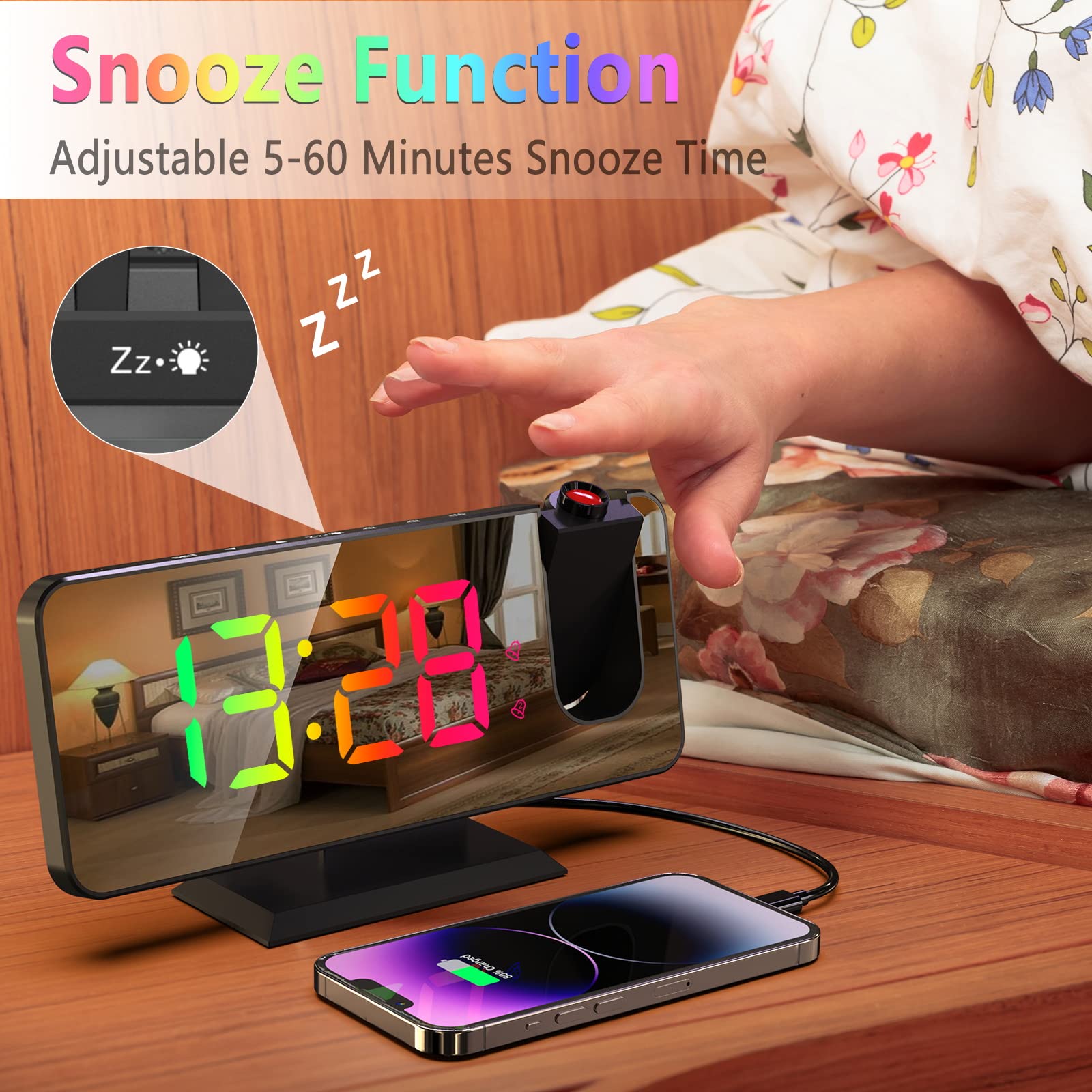 180° Rotatable Projection Alarm Clock with 7.4