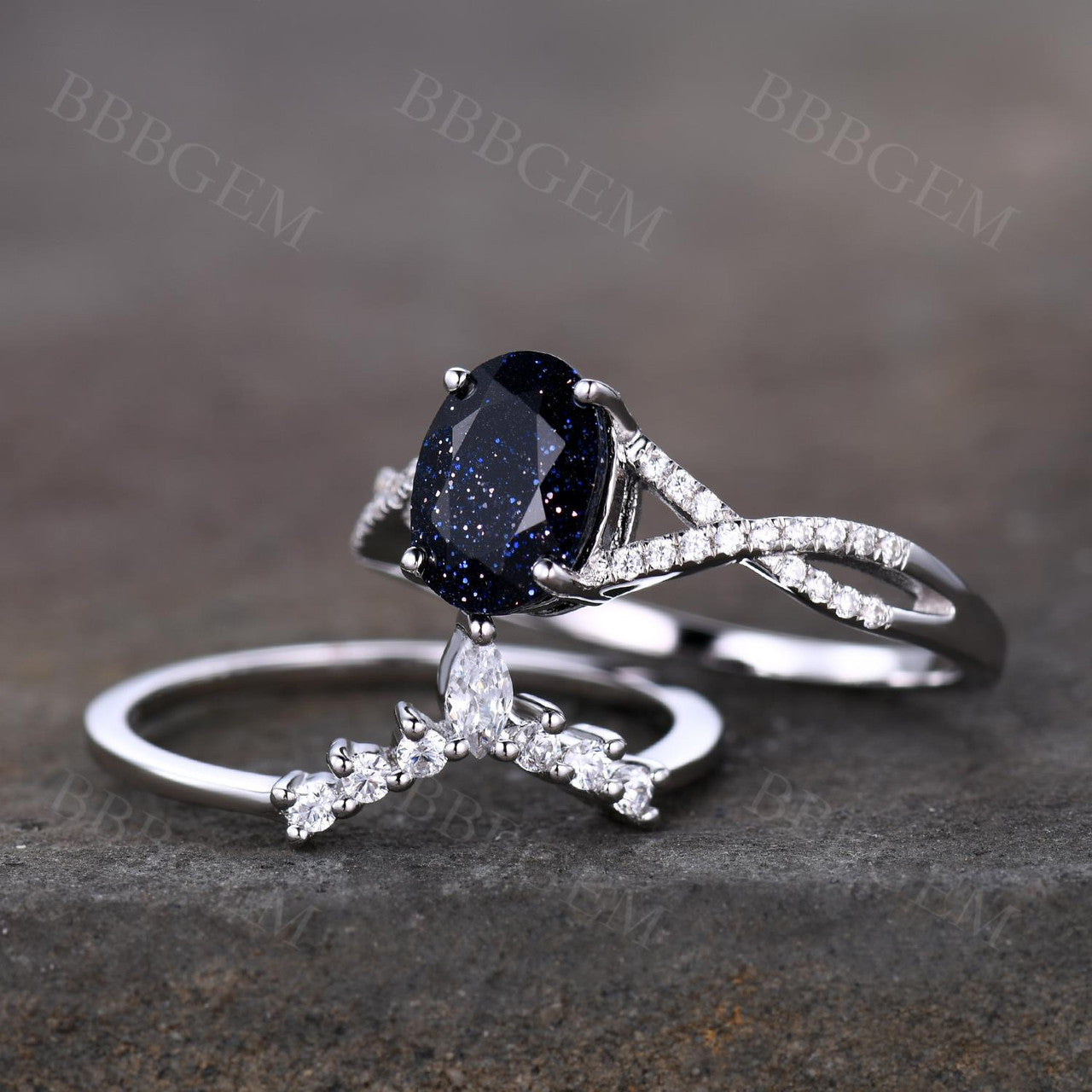 White Gold Blue Sandstone Bridal Ring Set - 6x8mm Oval Cut Infinity Moissanite Band for Women | Perfect for Engagement, Wedding & Anniversary Gifts