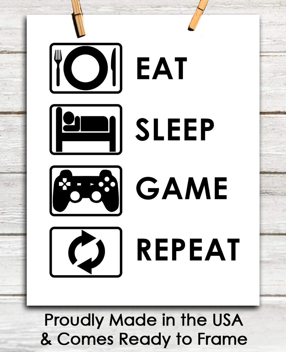 Eat Sleep Game Repeat Typography Wall Art Print - Funny Bathroom Decor & Gamer Gift - 8x10 Unframed Poster - Perfect for Gaming Room, Man Cave or Teen Bedroom Decor
