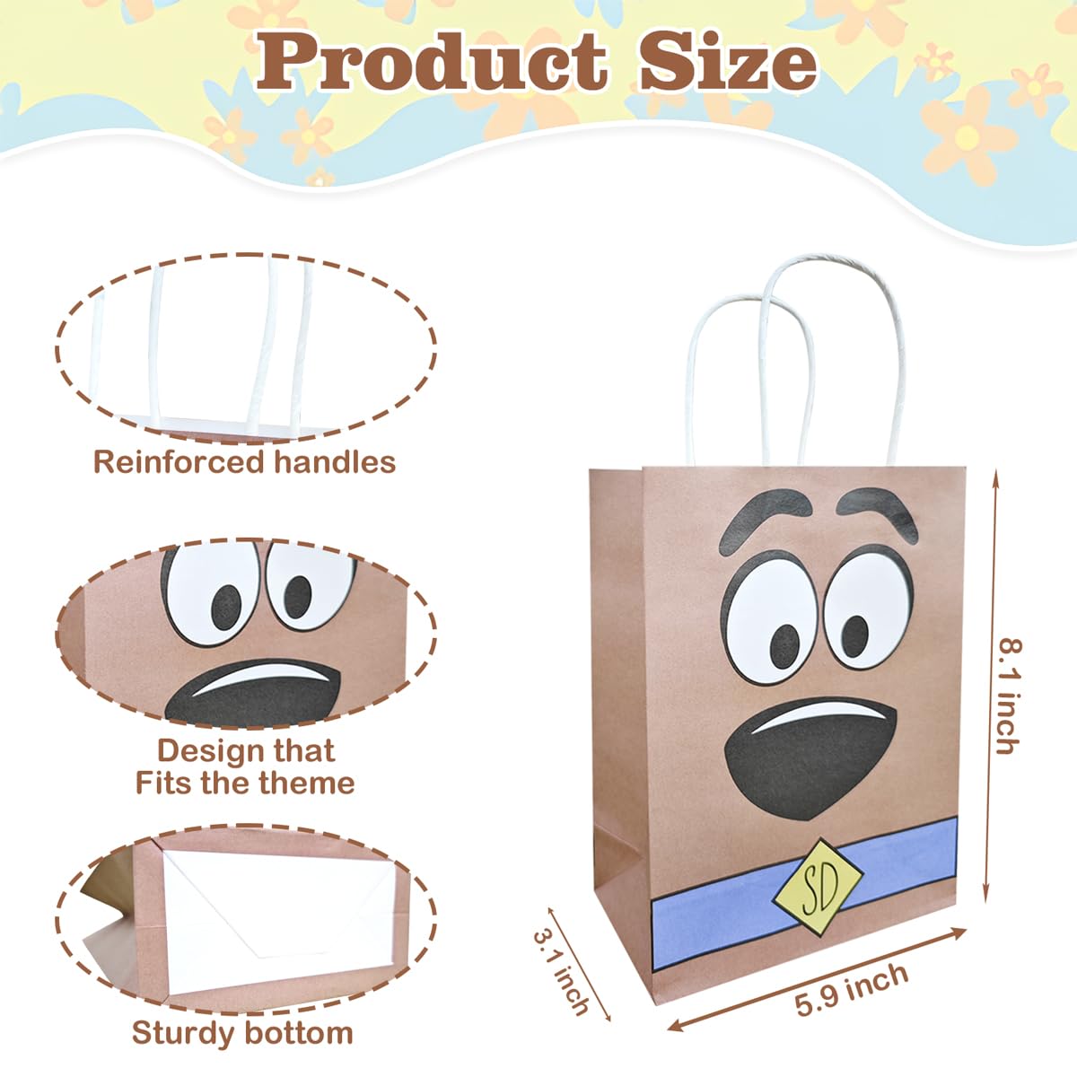 12 Pack Cute Cartoon Themed Dog Party Favor Bags with Handles - Brown Birthday Goodie Bags for Kids, Boys & Girls | Perfect for Dog-Themed Birthday Parties, Puppy Baby Showers & Pet Celebration Events