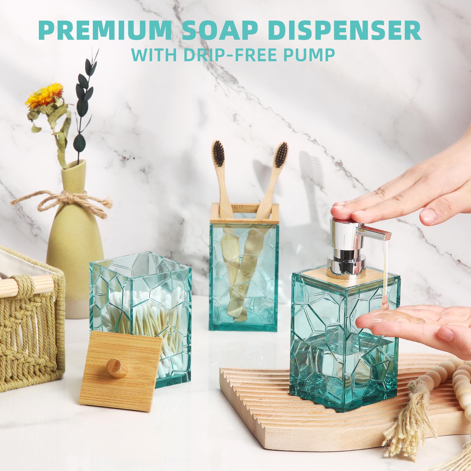 Teal Blue Beach Bathroom Accessories Set - Acrylic Toothbrush Holder, Soap Dispenser, Cotton Swab Organizer, Soap Dish & Toilet Brush with Holder | Boho Coastal Decor for Bathroom, Guest Room & Vacation Homes