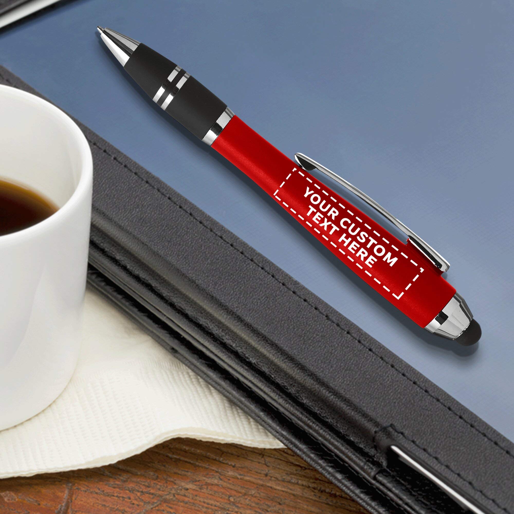 Customized Ballpoint Pens with Stylus Grip - 100 Pack Bulk Office Supplies - Personalized Text & Logo Printing - Red Plastic Pens for Business Promotions, School, and Office Use