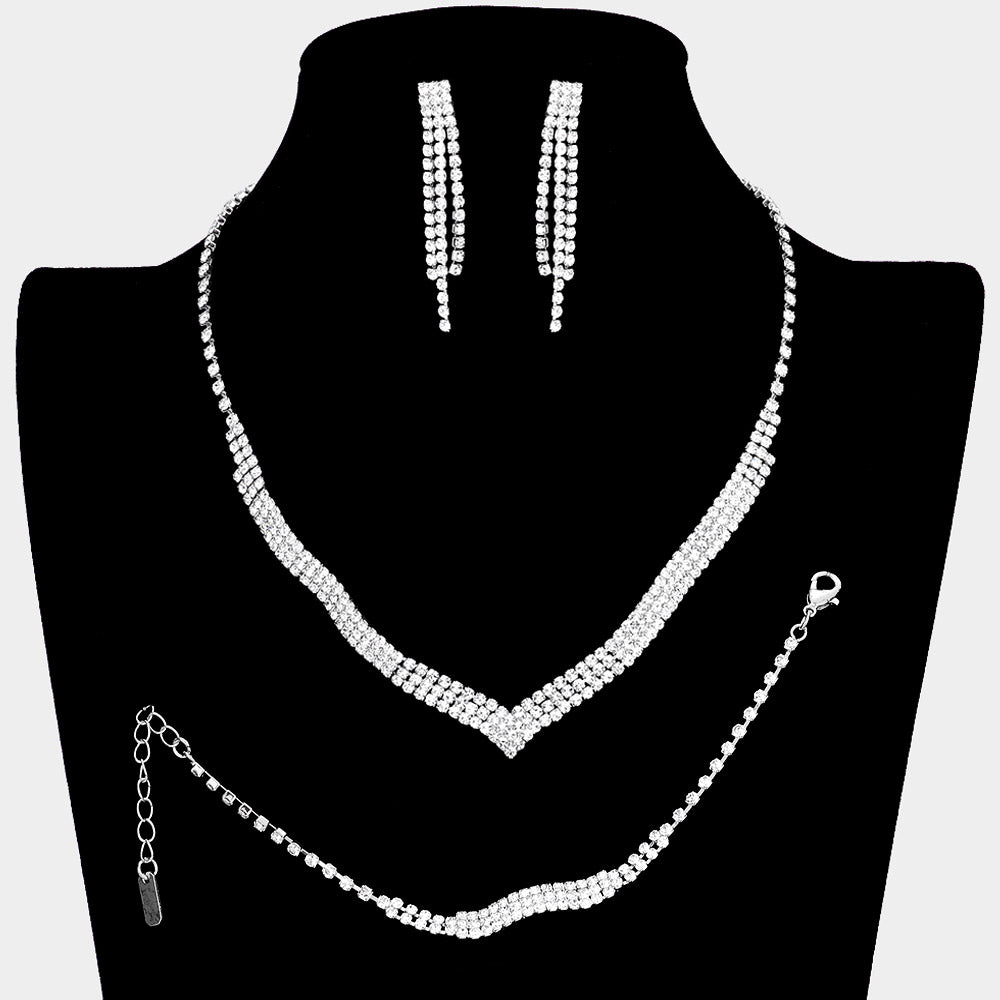 3 Piece Clear Crystal Rhinestone Fringe Necklace Set for Women - Elegant Homecoming Jewelry for Prom, Party & Special Occasions - Sparkling Evening Wear Accessories (299091)
