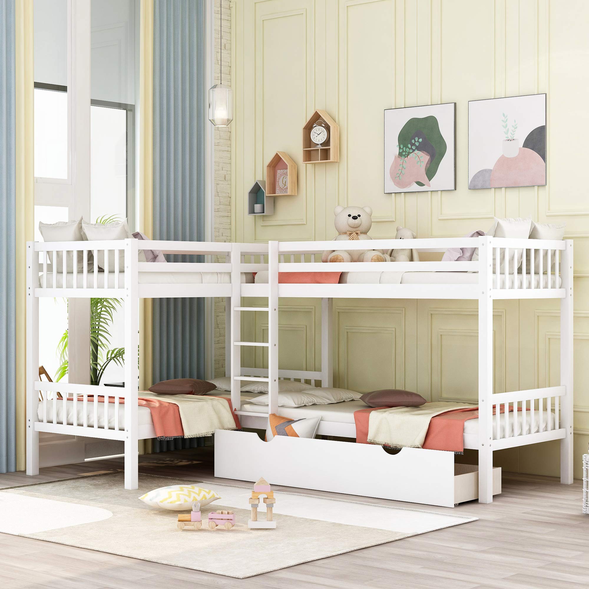 Kids Twin Over Twin L-Shaped Wood Bunk Bed with Guardrails & Ladder - Space-Saving Corner Bed for Small Rooms