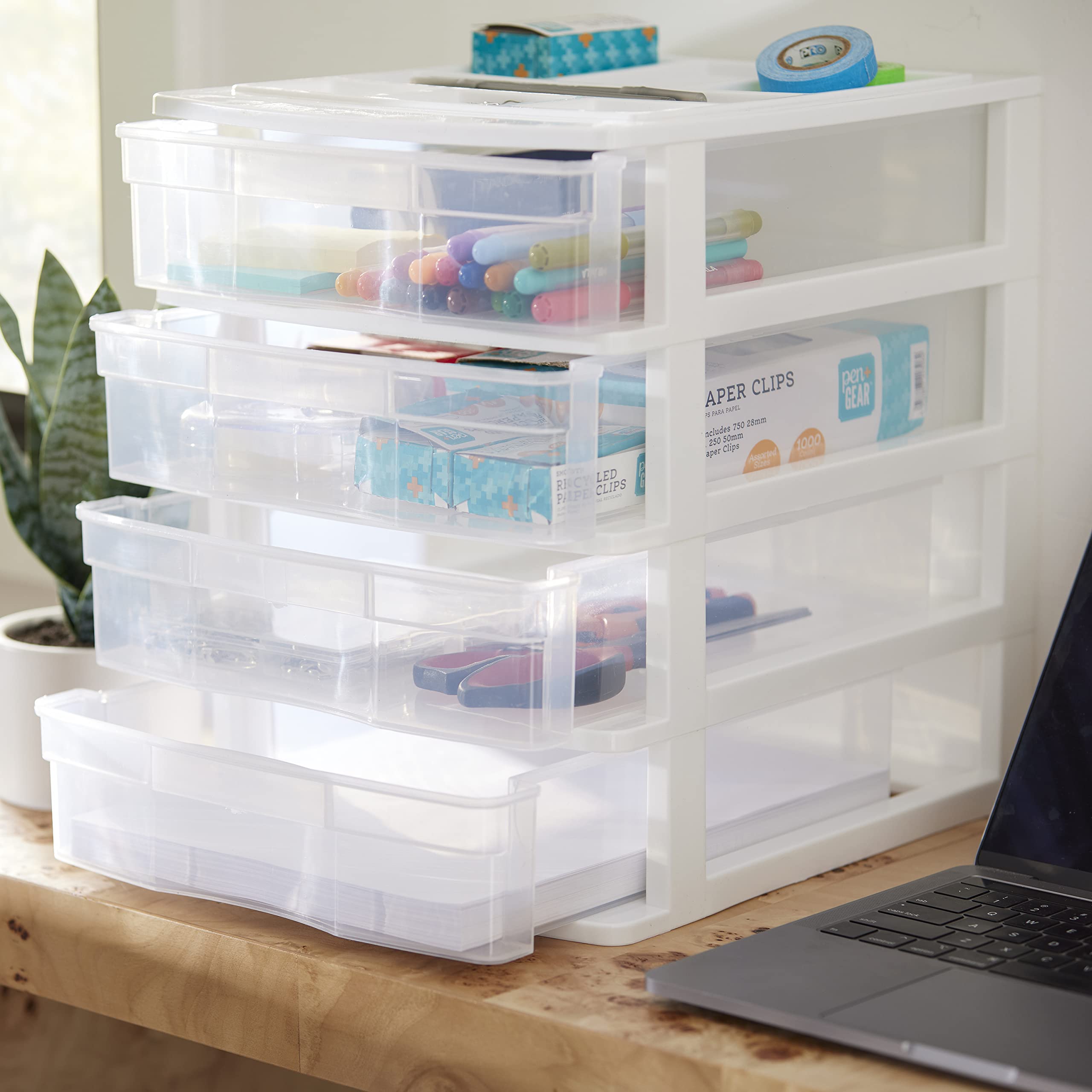 Gracious Living 4-Drawer Desktop Organizer with Lid - White/Clear Storage Box for Crafts, Office & School Supplies (3-Pack) - Perfect for Craft Rooms, Home Offices & Classroom Organization