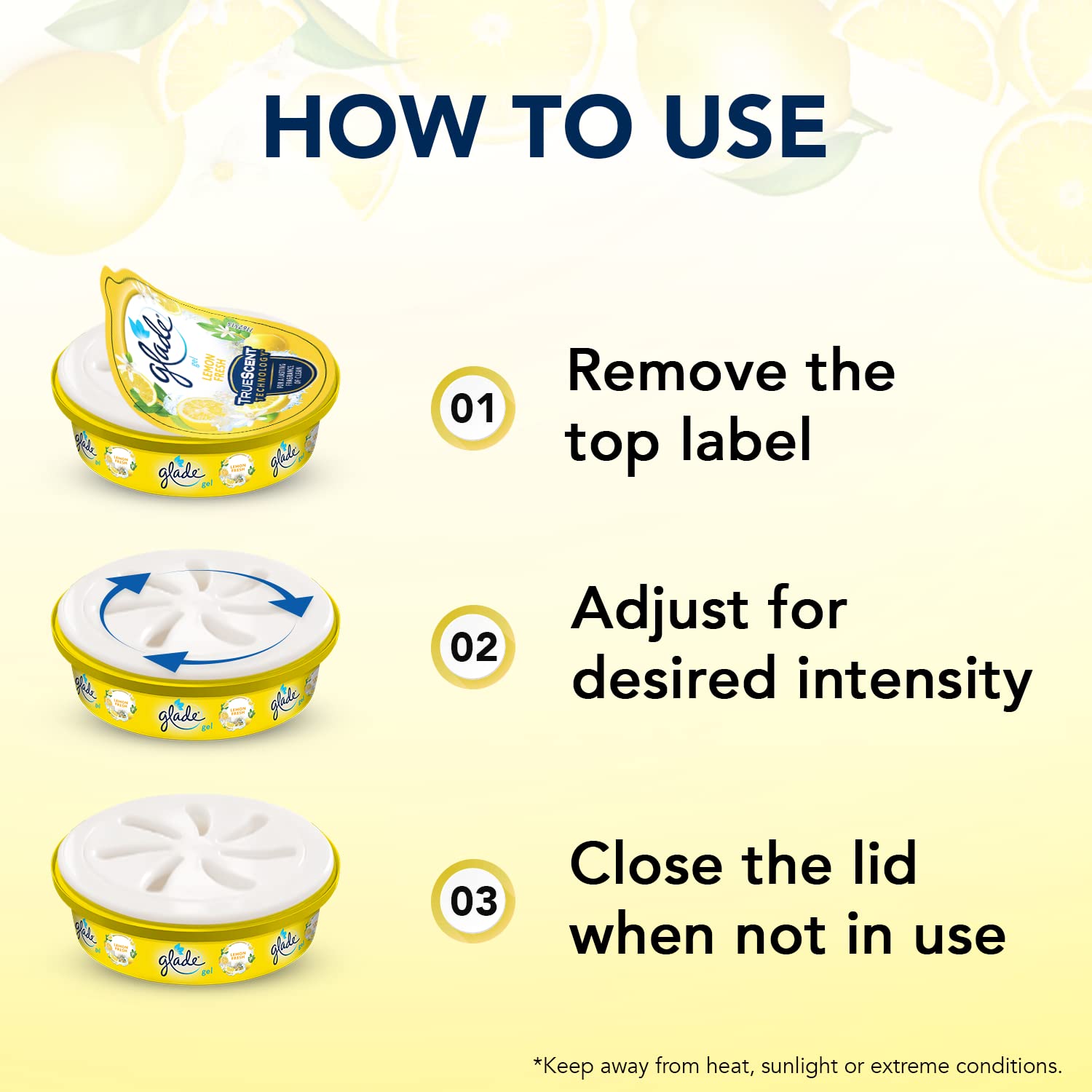 Glade Gel Air Freshener - 75g Lemon Scent | Long-Lasting Home & Car Odor Eliminator | Bathroom, Kitchen, Office & Closet Freshener Gel