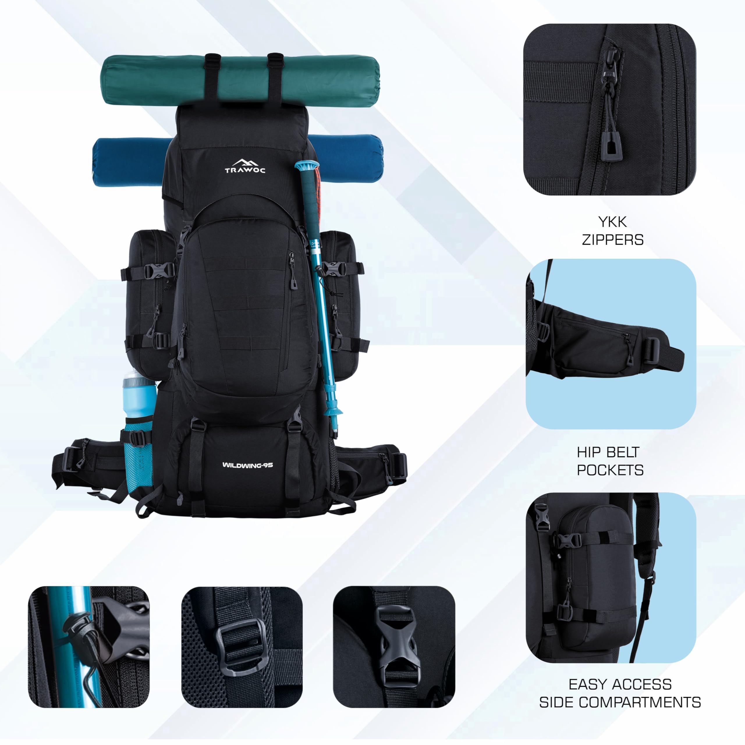 WILDWING 95L Internal Frame Travel Backpack with Detachable Daypack - Lightweight Hiking Backpack for Camping, Trekking & Outdoor Adventures - Durable Men & Women Backpack (Black) - Perfect for Long Trips, Backpacking & Travel Gear