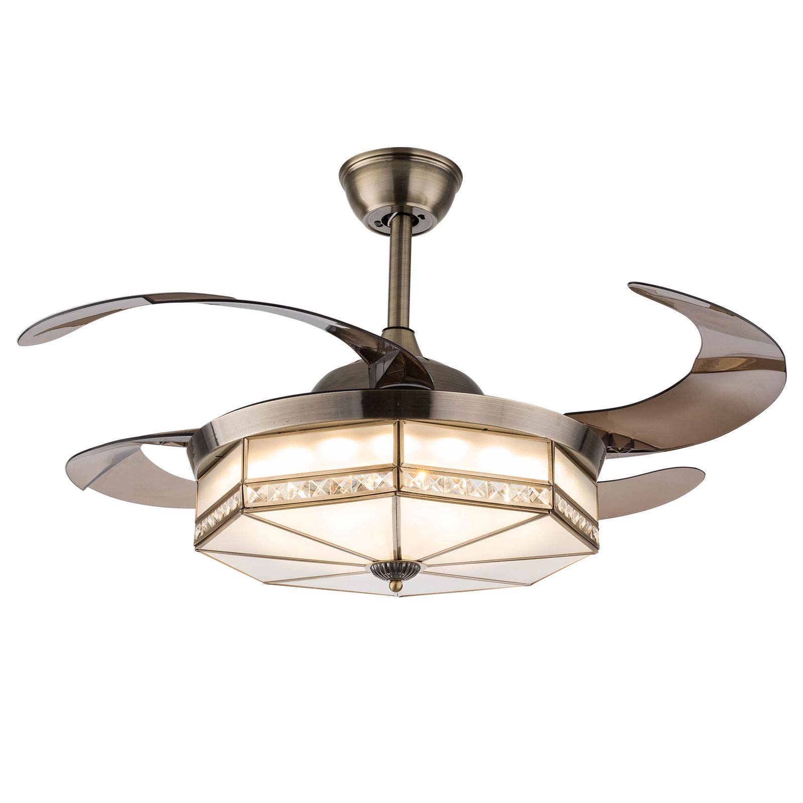 42 Inch Ceiling Fan with Light - Remote Control, Adjustable Height, 3 Color Dimmable LED, Acrylic Lampshade & 4 Retractable Blades - Gold Modern Chandelier for Living Room, Bedroom, and Office