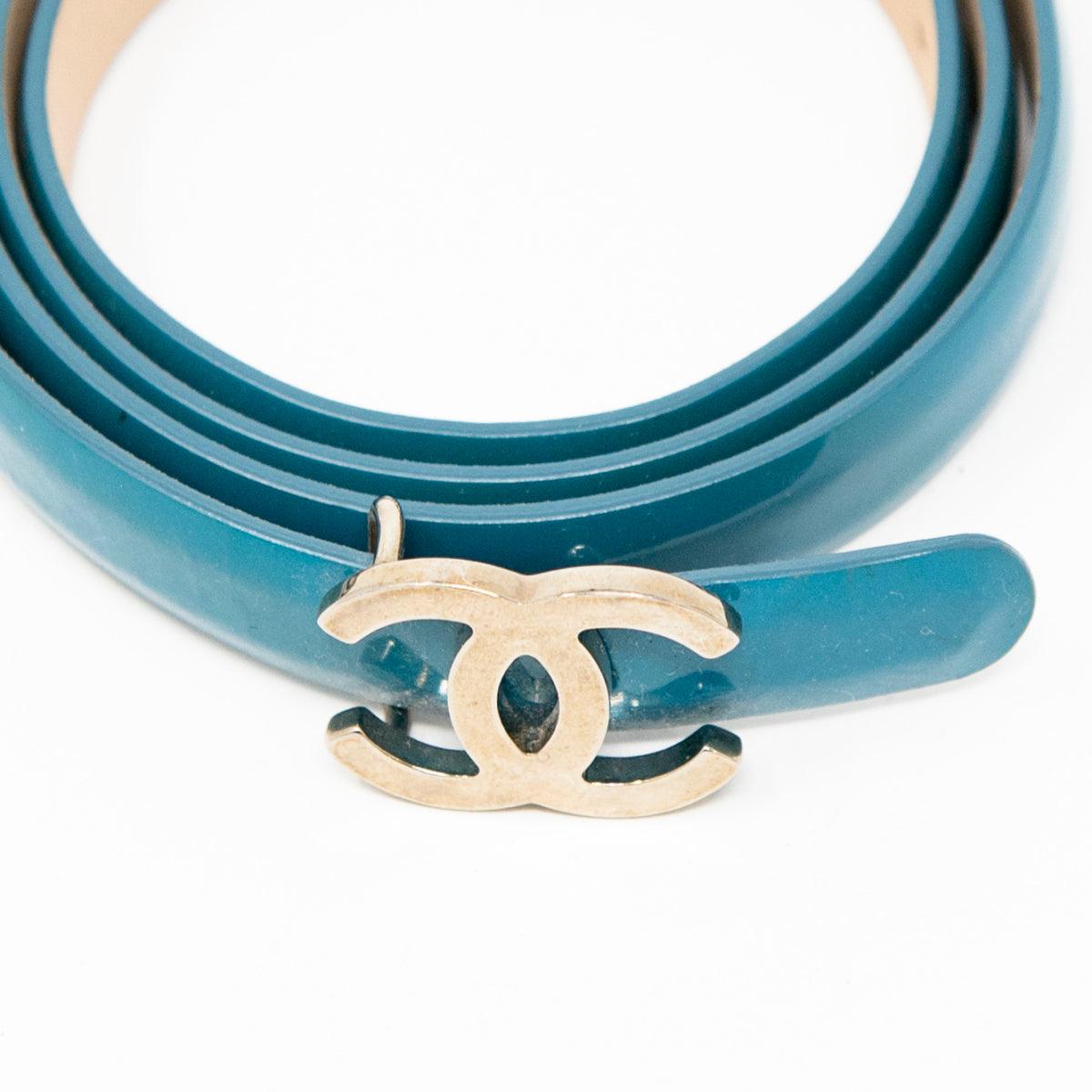 Chanel Turquoise Patent Leather CC Logo Belt for Women - Luxury Designer Fashion Accessory for Dresses, Jeans & Outfits