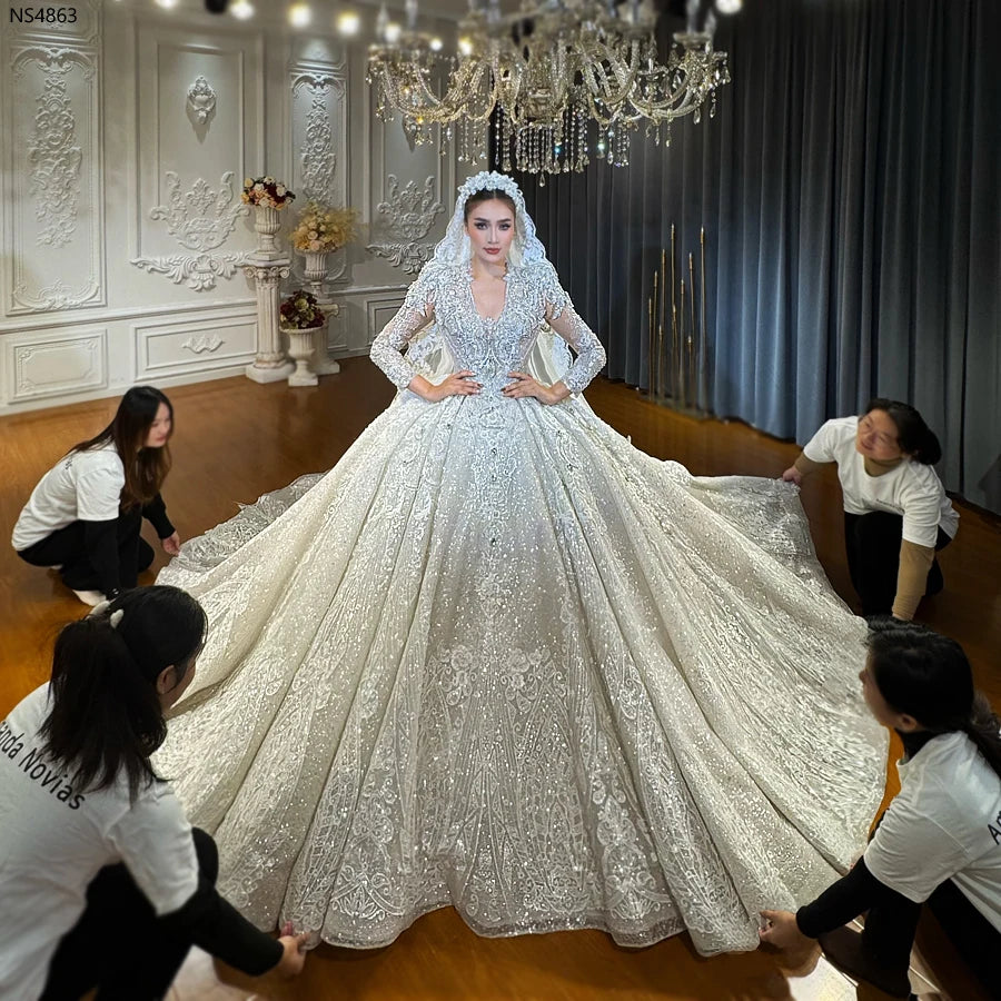 Elegant Royal V-Neck Princess Wedding Gown with Long Sleeves - Perfect for Bridal Ceremonies, Formal Events & Luxury Occasions