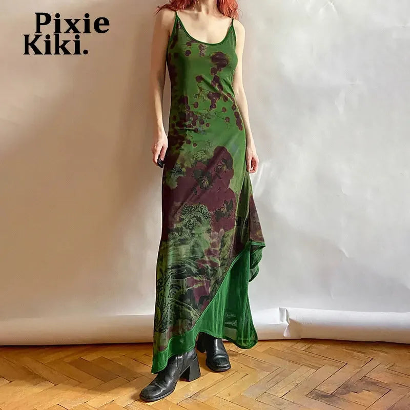 Abstract Print Green Mesh Dress - Y2K Subversive Long Robe for Women | Sexy Backless Maxi Dress (P65 EZ28) | Perfect for Night Out, Club Wear & Festival Fashion