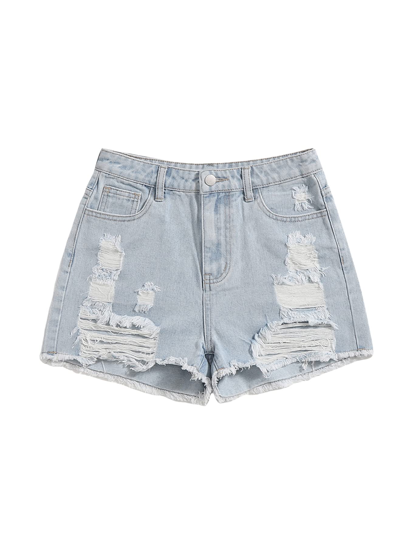 Romwe Women's Cute Ripped Denim Shorts with Frayed Raw Hem - High Waisted Summer Shorts for Casual Outfits, Beach Vacations and Music Festivals