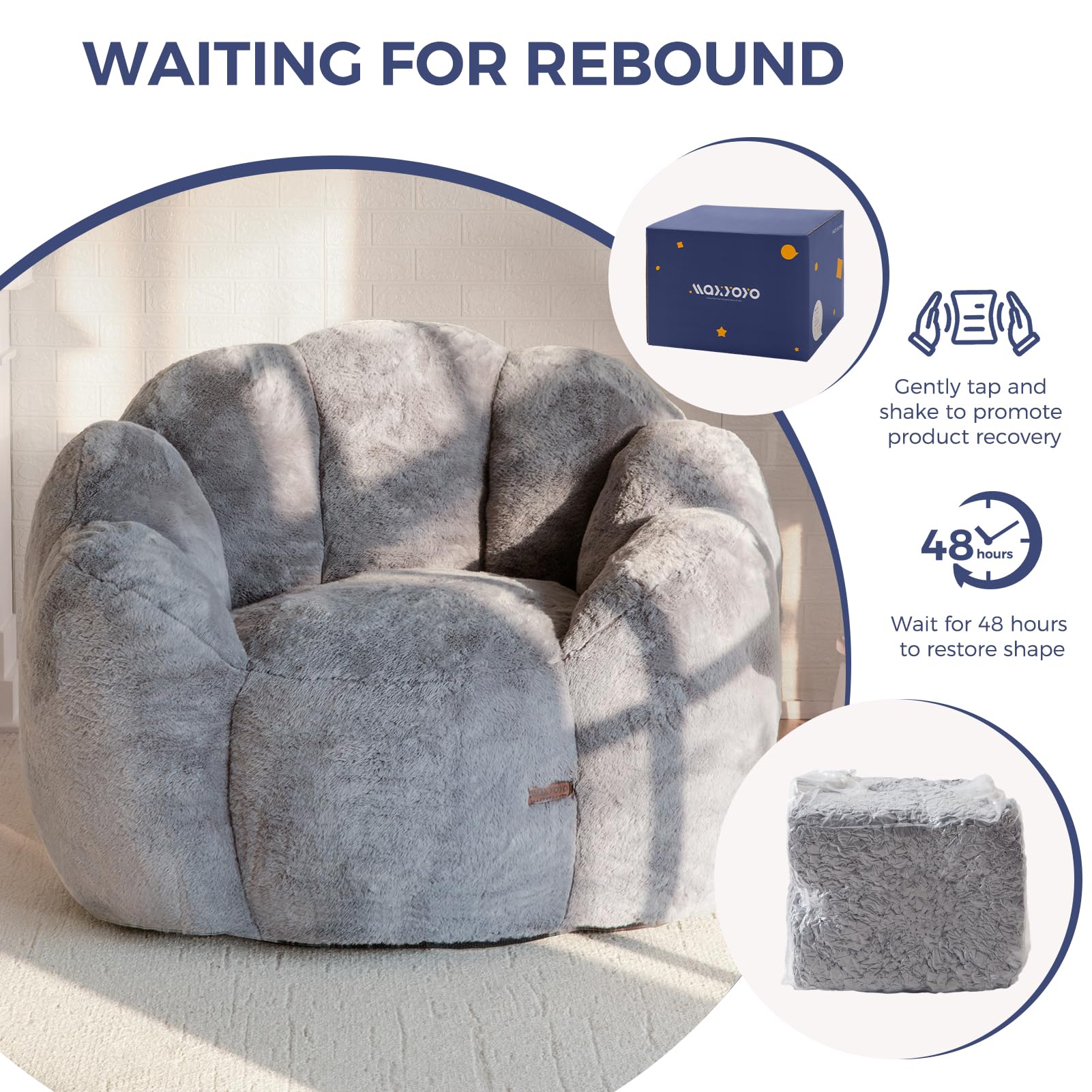 MAXYOYO Floral Bean Bag Chair - Ultra Soft Faux Fur Petal Back Sofa for Adults, Single Size Dark Grey - Perfect for Living Room, Bedroom & Game Room Relaxation
