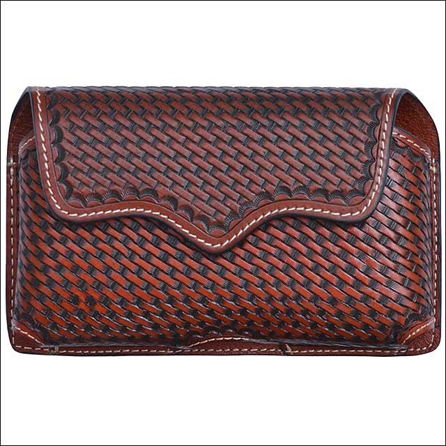 3D Tan Basketweave Leather Hand Tooled Large Smartphone Holder with Metal Clip - Perfect for Office, Car, and Home Organization