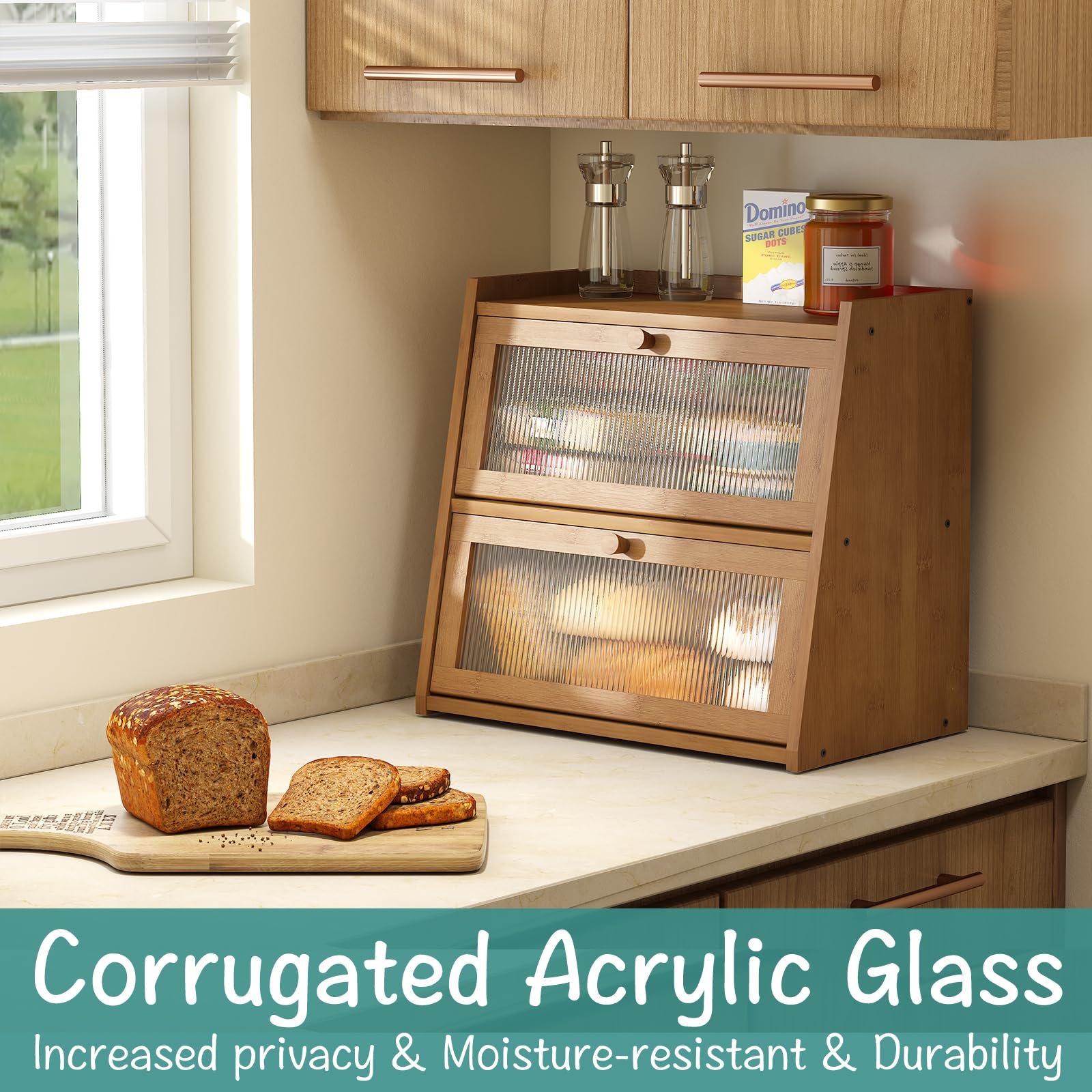 Extra Large Bamboo Bread Box with Acrylic Wavy Door - Double Layer Kitchen Counter Bread Storage Bin - Perfect for Storing Bread, Pastries & Baked Goods - Ideal for Bakeries, Restaurants & Home Kitchens
