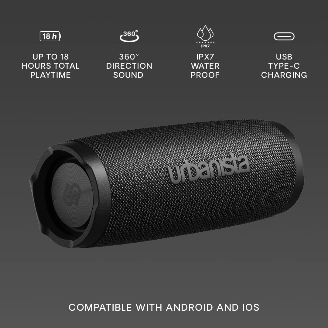 Urbanista Nashville Wireless Bluetooth Speaker - IPX7 Waterproof, 18H Playtime, Bluetooth 5.2, Dual Pairing, Loud Stereo Sound, Button Controls, Portable Outdoor Speaker for Beach, Pool, and Camping