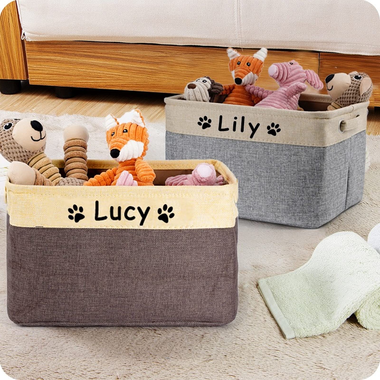 **Personalized Dog Toy Basket with Name - Custom Pet Food Storage Container with Paw Prints - Dog Toy Organizer & Food Storage Bin - Unique Dog Gifts for Pet Lovers (Coffee) - Perfect for Home, Nursery & Pet Play Areas**