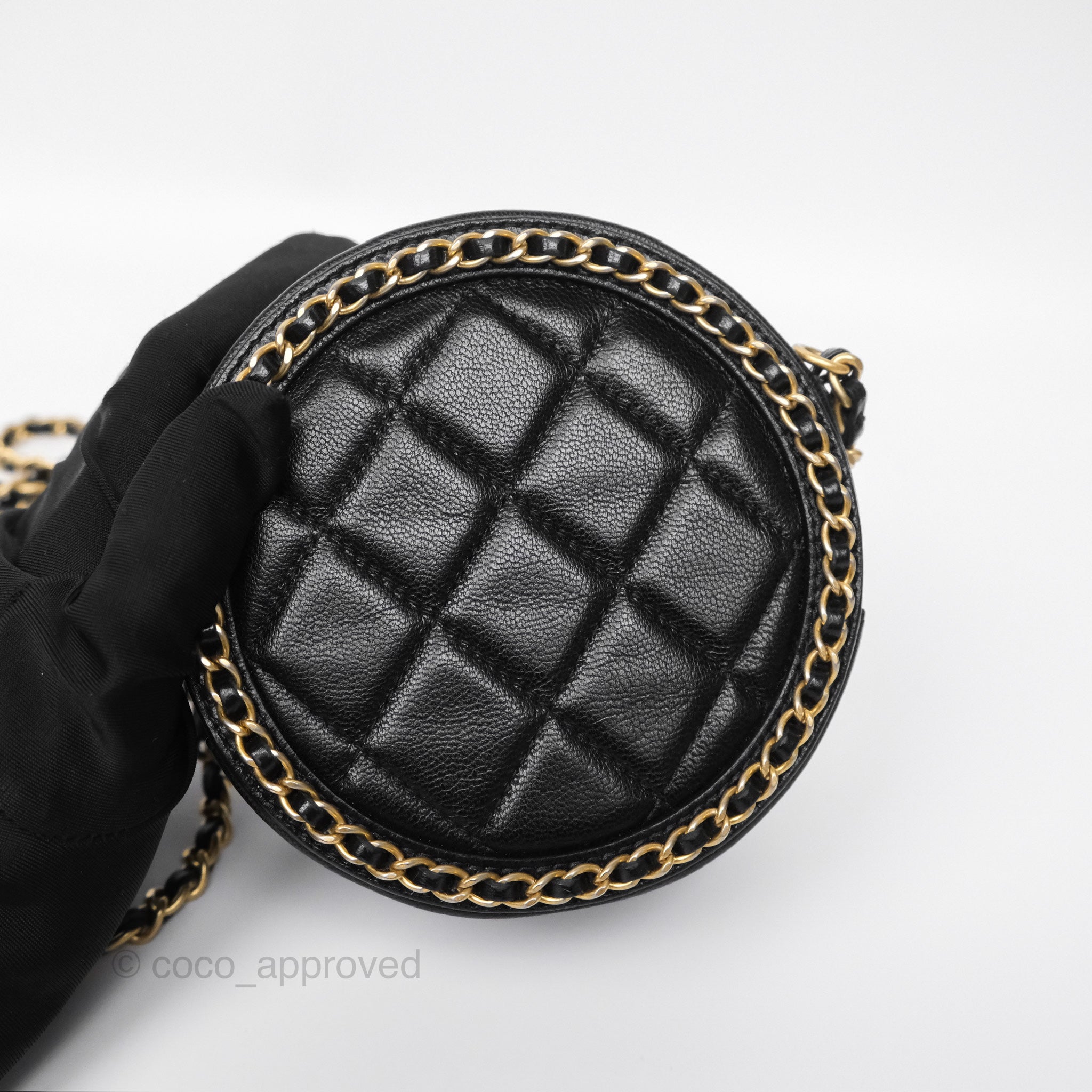Chanel Black Lambskin Chained Round Filigree Clutch with Gold Hardware - Elegant Evening Bag for Parties, Weddings & Special Occasions
