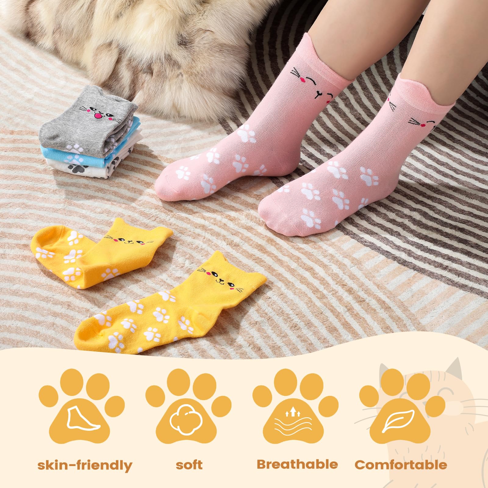 Women's Cat Socks - 5 Pairs Colorful Cute Animal Crew Socks | Novelty, Soft Knit, Cozy & Comfortable | Perfect for Gifts, Cosplay & Everyday Wear