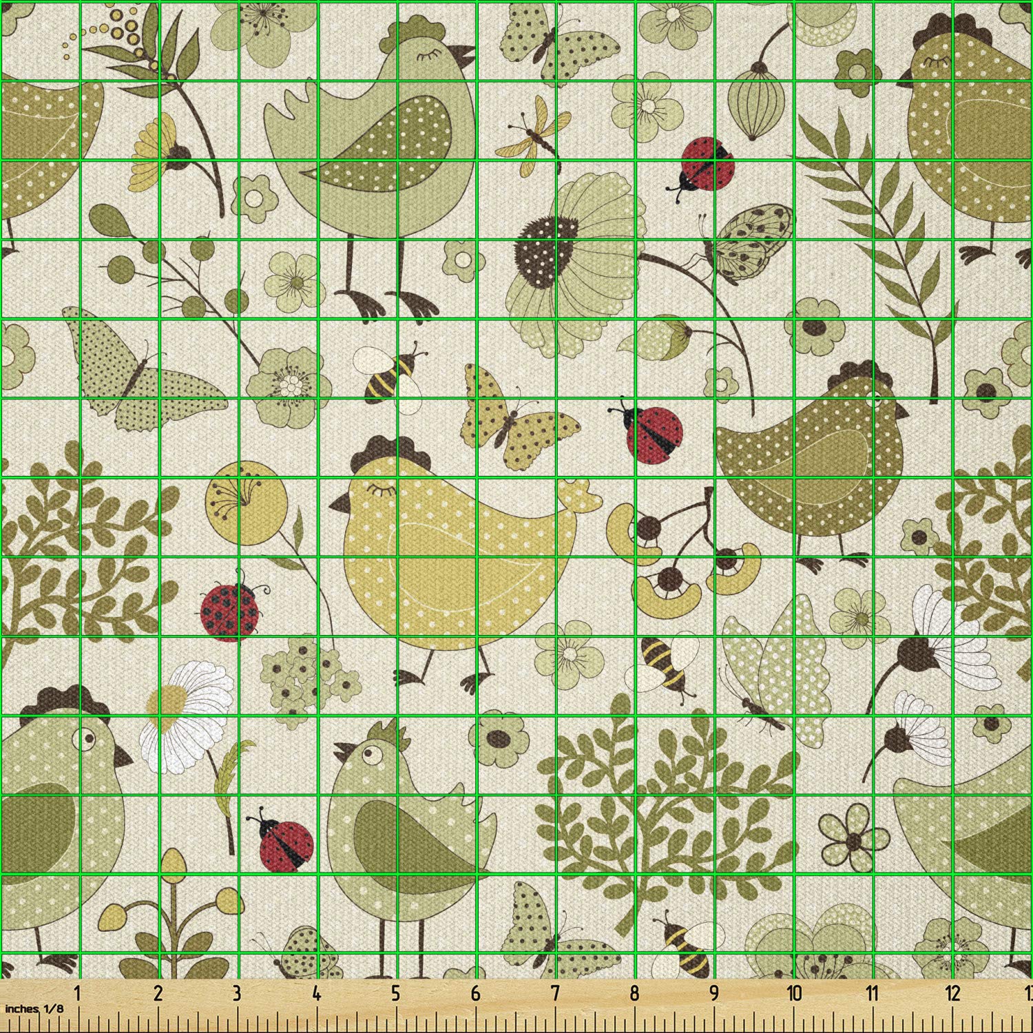 Ambesonne Spring Fabric by The Yard - Chicken, Ladybug & Bees Nature Print on Polka Dot Background | Stretch Knit Fabric for DIY Clothing, Sewing & Craft Projects | 10 Yards Khaki Green | Perfect for Spring Dresses, Home Decor & DIY Gifts