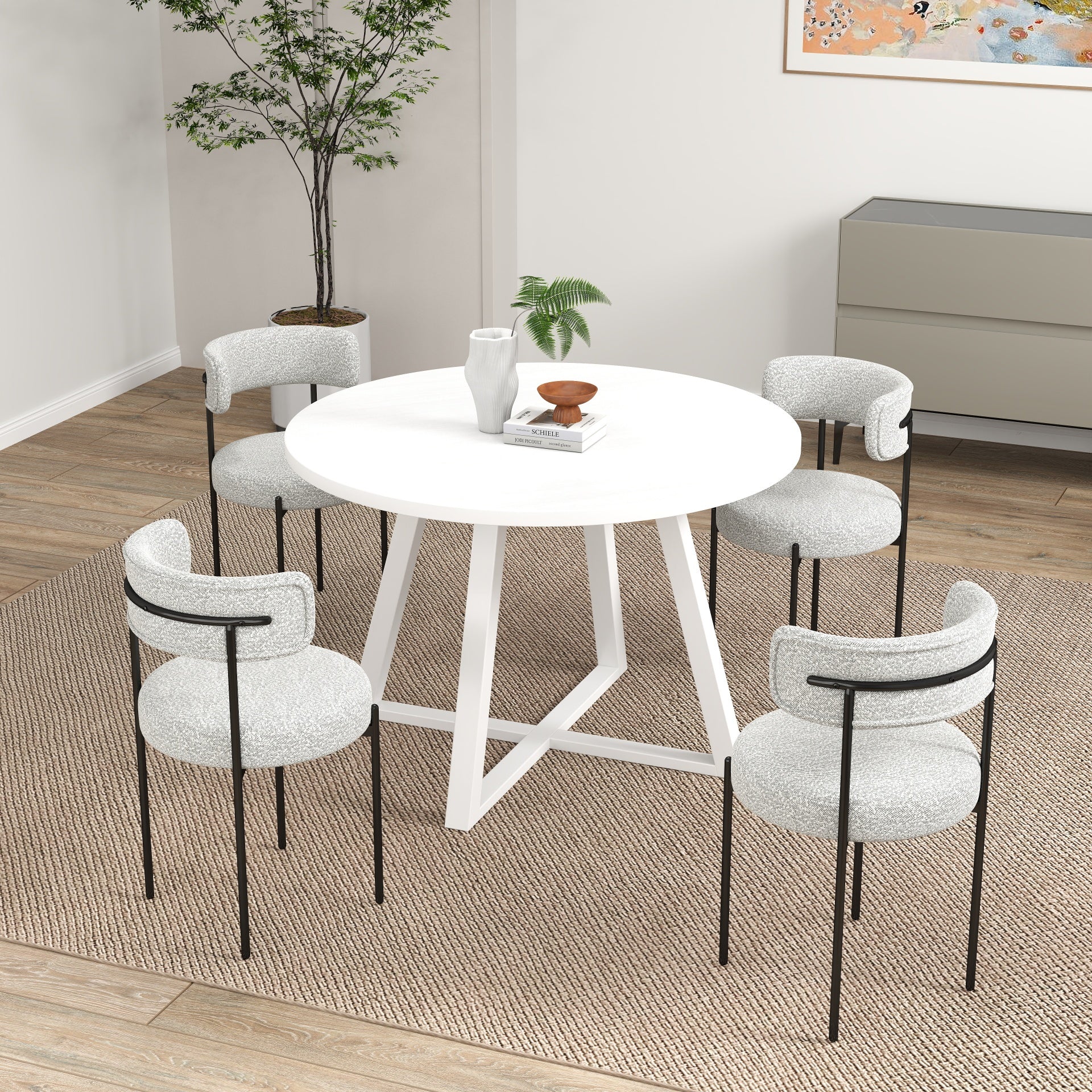 Roundhill Furniture Durban 5-Piece Round Wood Dining Table Set with 4 Boucle Chairs - Perfect for Small Spaces, Breakfast Nooks & Cozy Family Meals