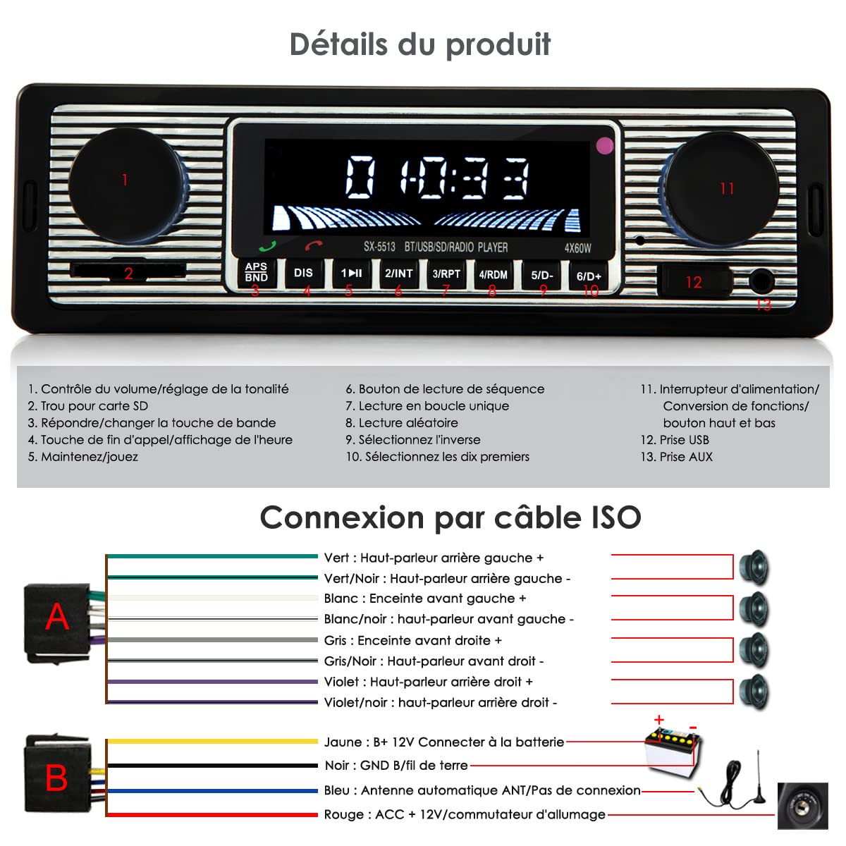 iFreGo 1 DIN Bluetooth 5.0 Car Stereo with Hands-Free Calling - FM Radio, USB/AUX/SD/TF/MP3 Support for iOS/Android - Compatible with 9-12V Vehicles | Perfect for Commuting, Road Trips & Music Lovers
