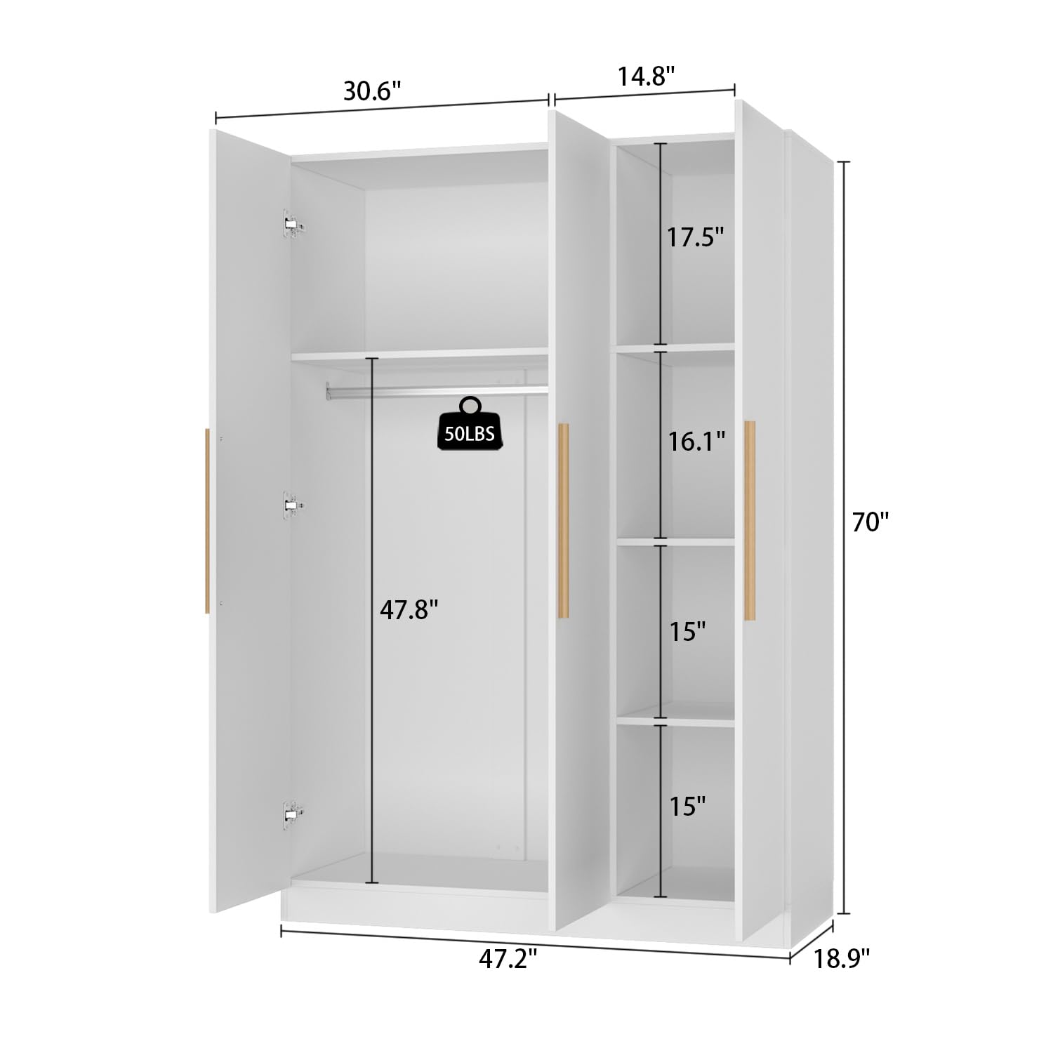 ECACAD Wooden Wardrobe Armoire with 4-Tier Shelves & Hanging Rod - 47.2