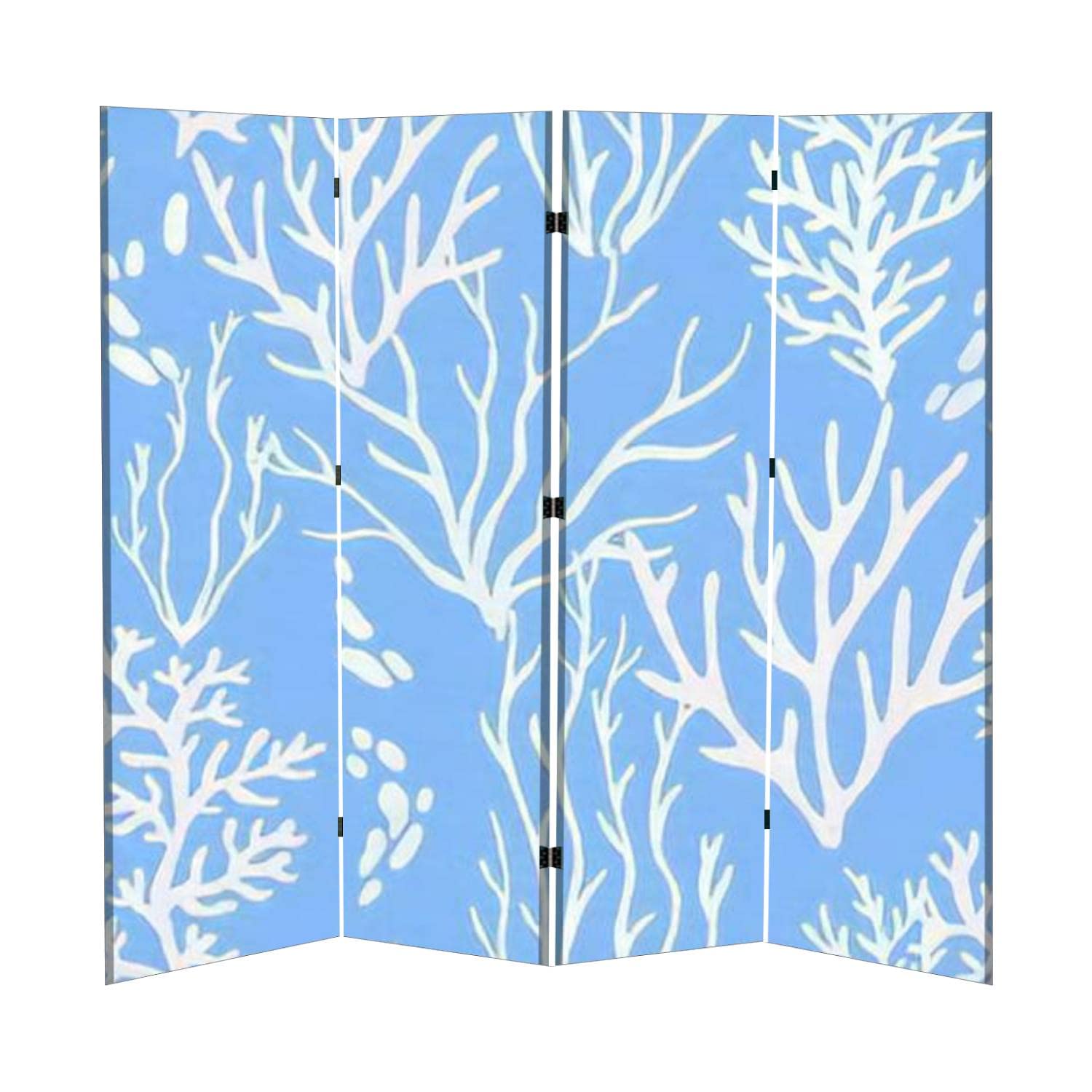 4-Panel Folding Room Divider - Coral Branch Design on Blue Marine Background, Portable Freestanding Privacy Screen for Home, Office & Bedroom | Perfect for Space Division, Room Partition & Decoration