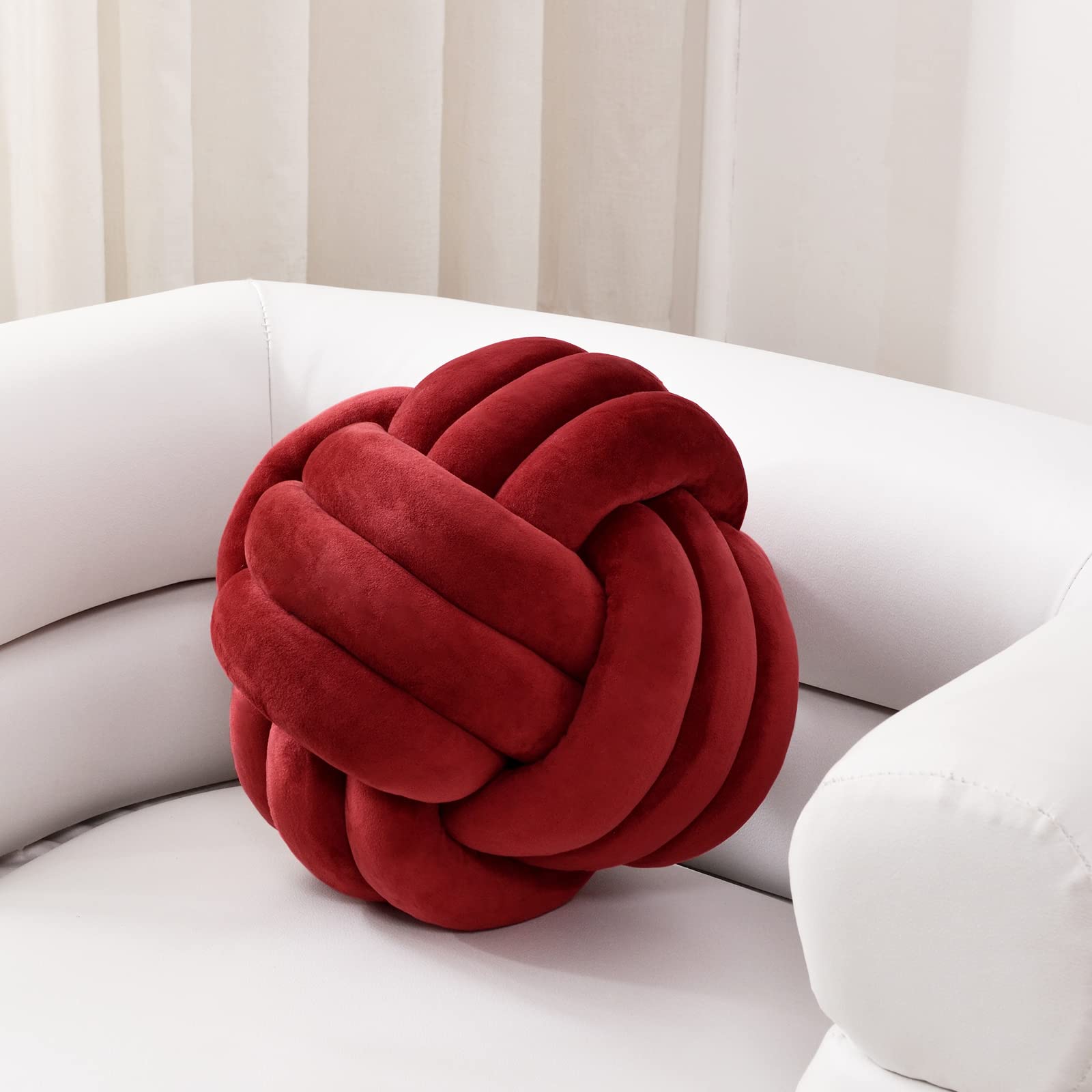 Soft Knot Ball Pillows - Round Throw Pillow Cushion for Home Decor, Handmade Plush Knotted Pillow (7.8 Inches, Burgundy) - Perfect for Sofa, Bed, Nursery & Cozy Living Room Accent