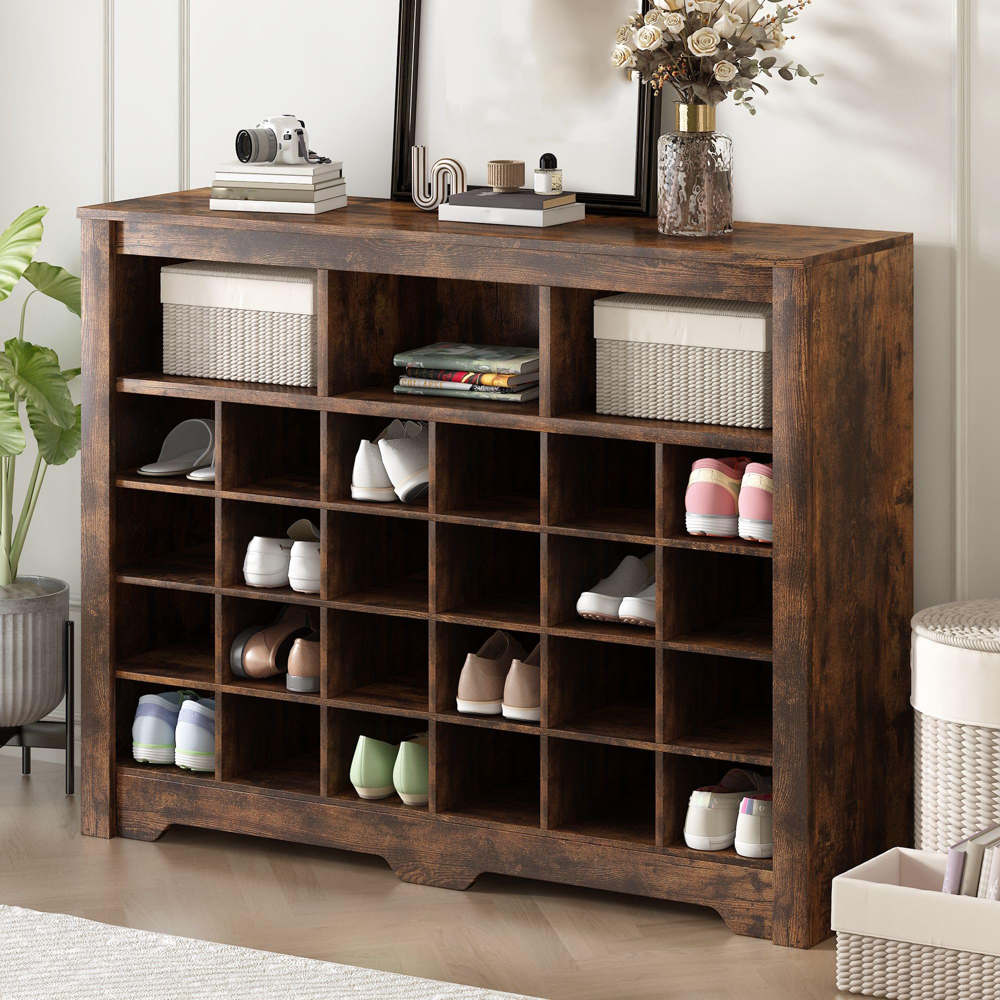 **CuisinSmart Modern 24-Shoe Storage Cabinet, Freestanding 5-Tier Wooden Shoe Rack Organizer with Curved Base - Entryway, Hallway, Bedroom & Living Room Storage Solution (Brown)**    **Perfect for Small Spaces, Entryway Organization, and Stylish Shoe Storage**