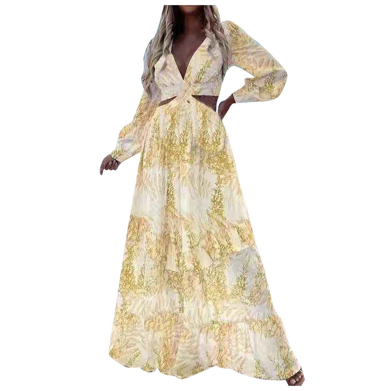 Women's Casual Maxi Sun Dress with Long Sleeves & Pleated Hem - Flowy Swing Dress in Sizes 4-12 - Perfect for Beach Vacations, Summer Outings & Boho Fashion