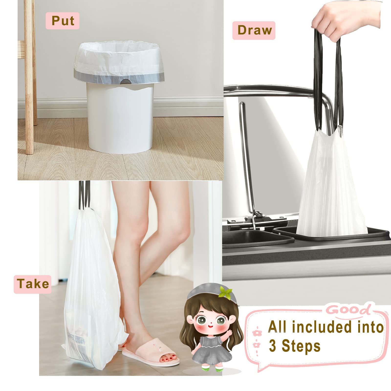 4 Gallon Drawstring Trash Bags (90 Count) - Small 15 Liter Kitchen Garbage Bags for Waste Bins, Bathroom, Office & Outdoor Use