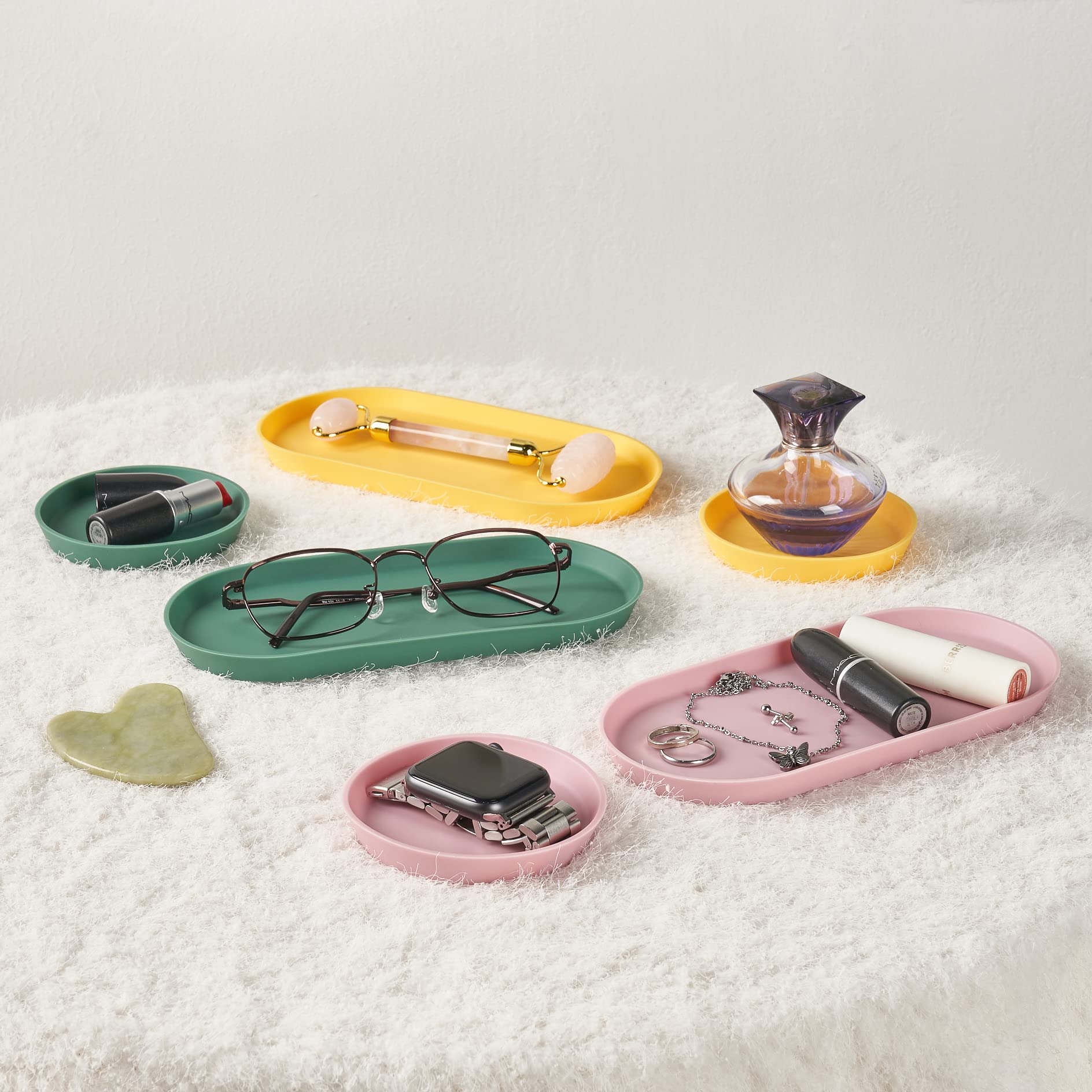 Blue Ginkgo Mini Silicone Trays Set of 6 - Non-Slip Bathroom Organizer, Kitchen Countertop Storage, Desk & Vanity Tray for Jewelry, Makeup, Cosmetics - Easy Clean, Stackable (Green, Yellow, Pink) - Perfect for Small Item Organization in Home & Office